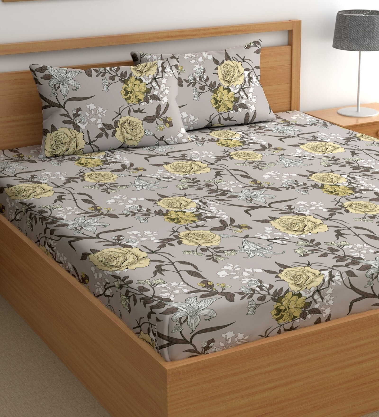Brown 200 TC Floral Cotton Queen Double Bedsheet 2 Pillow covers