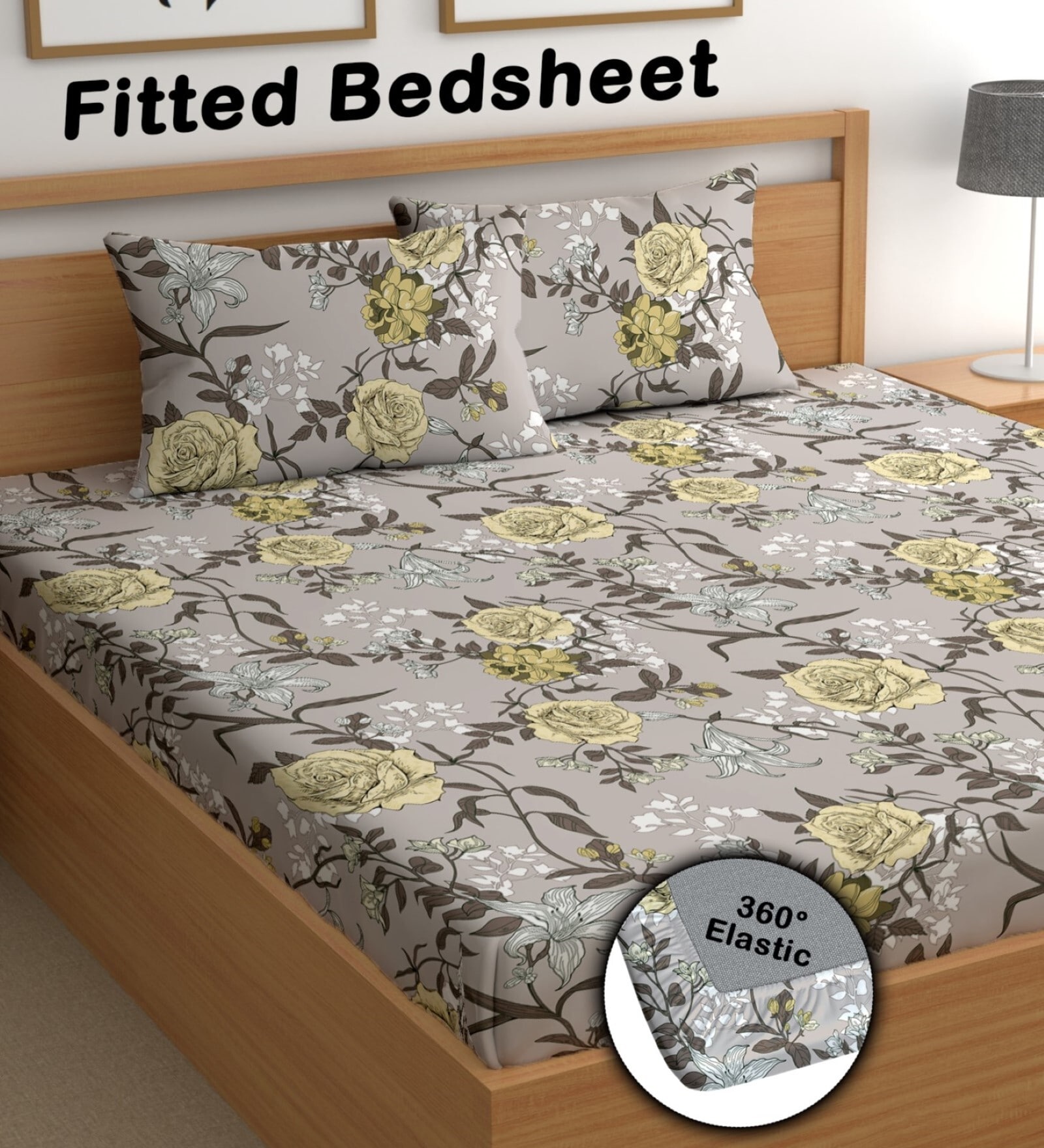 Brown 200 TC Floral Cotton Fitted Double Bedsheet 2 Pillow covers