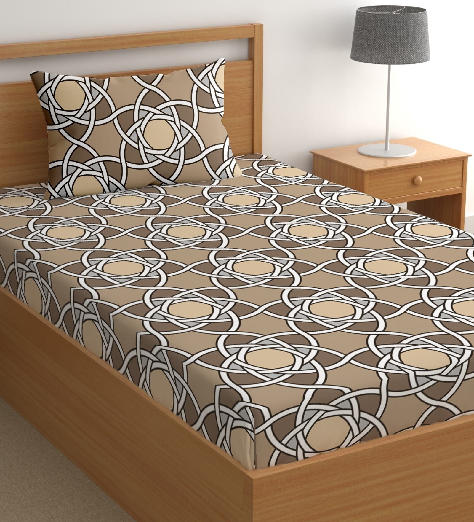 Brown 200 TC Abstract Cotton Single Bedsheet Pillow covers