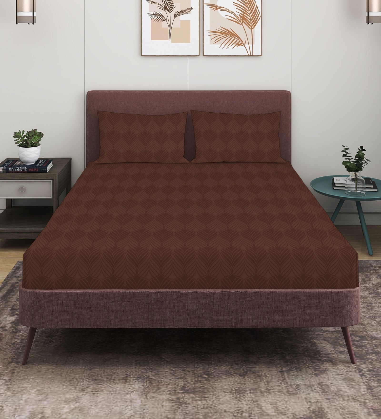 Brown 280 TC Glace Cotton Fitted Bedsheet With Embossed Leaf Pattern