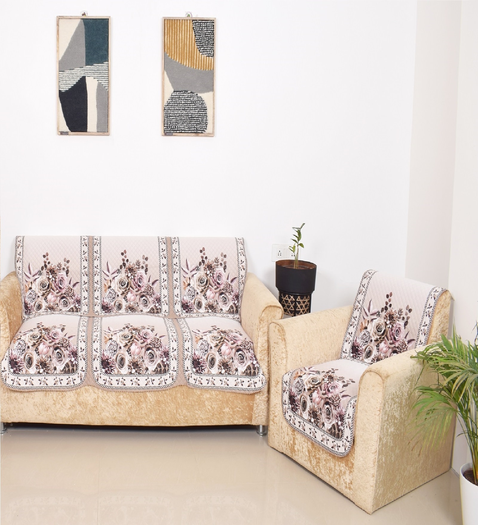 Brown 5 Seater Floral 10Pcs Sofa Covers