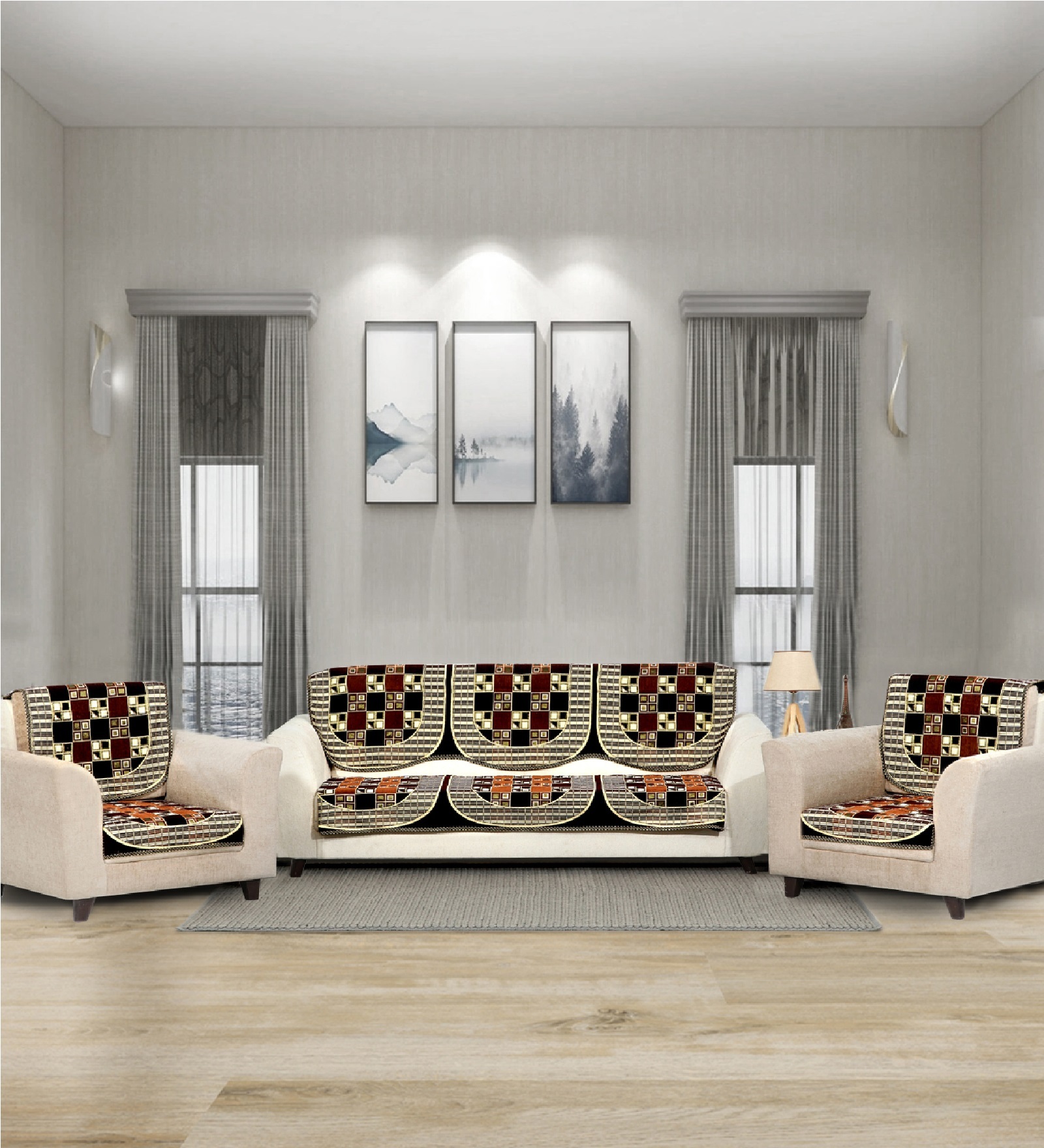 Brown 5 Seater Checkered 10Pcs Sofa Covers