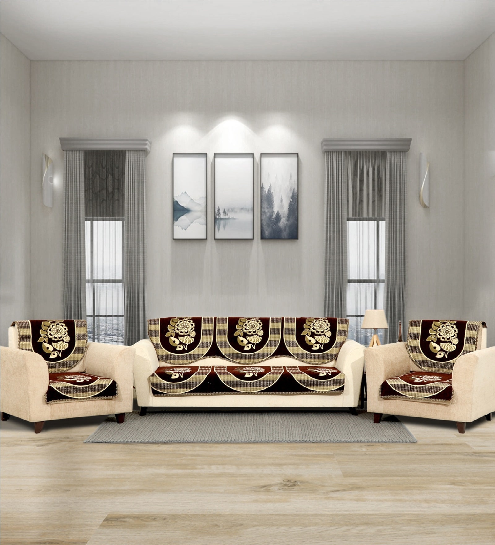 Brown 5 Seater Floral 10Pcs Sofa Covers