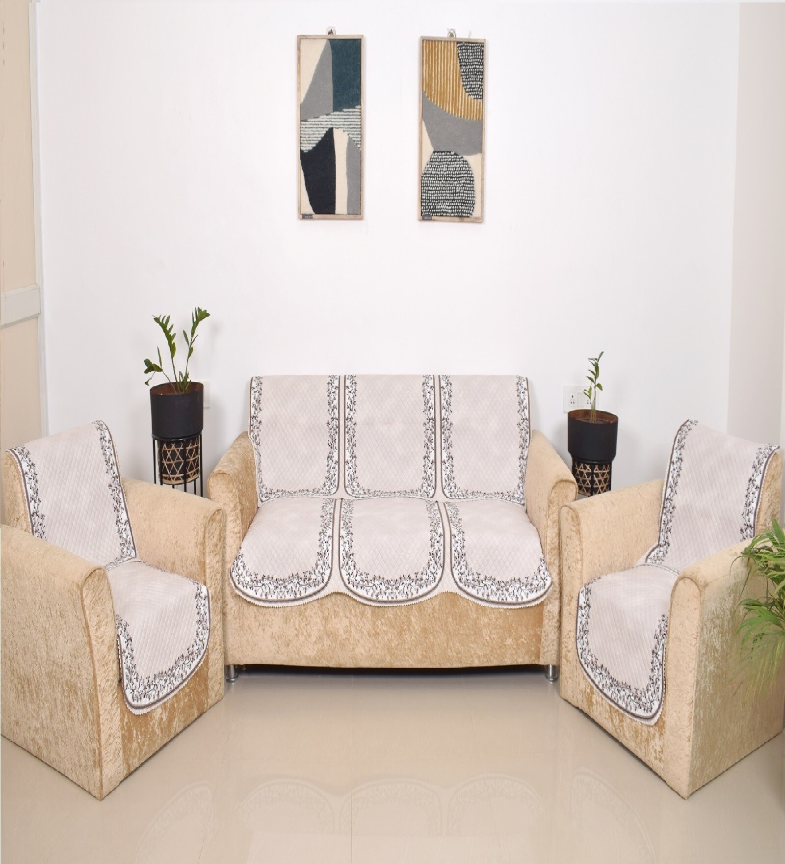 Brown 5 Seater Floral 10Pcs Sofa Covers