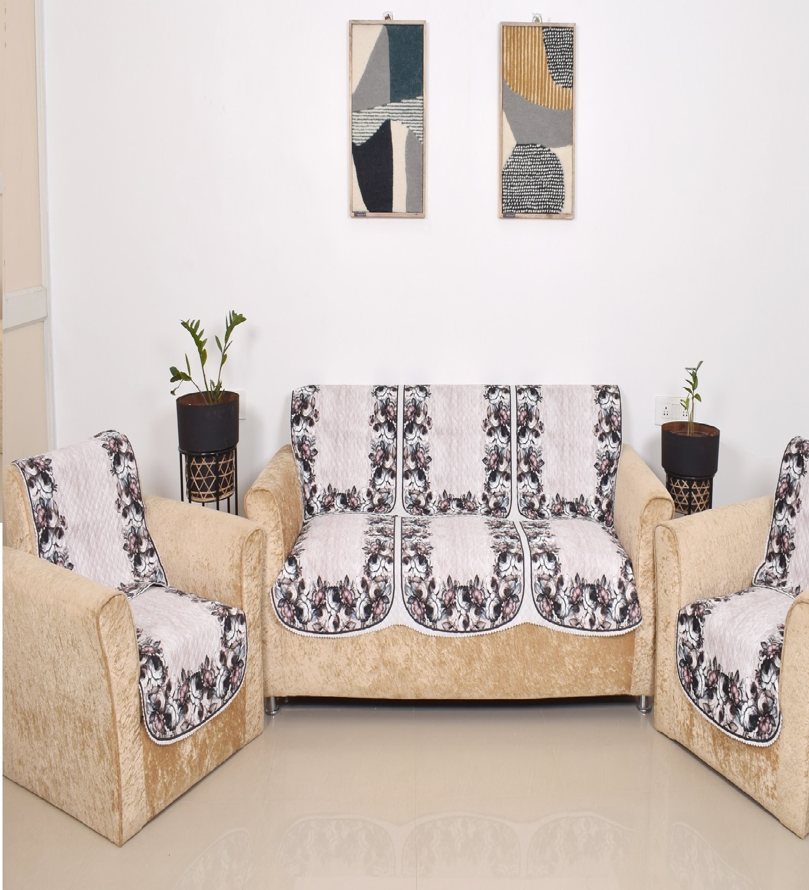 Brown 5 Seater Floral 10Pcs Sofa Covers