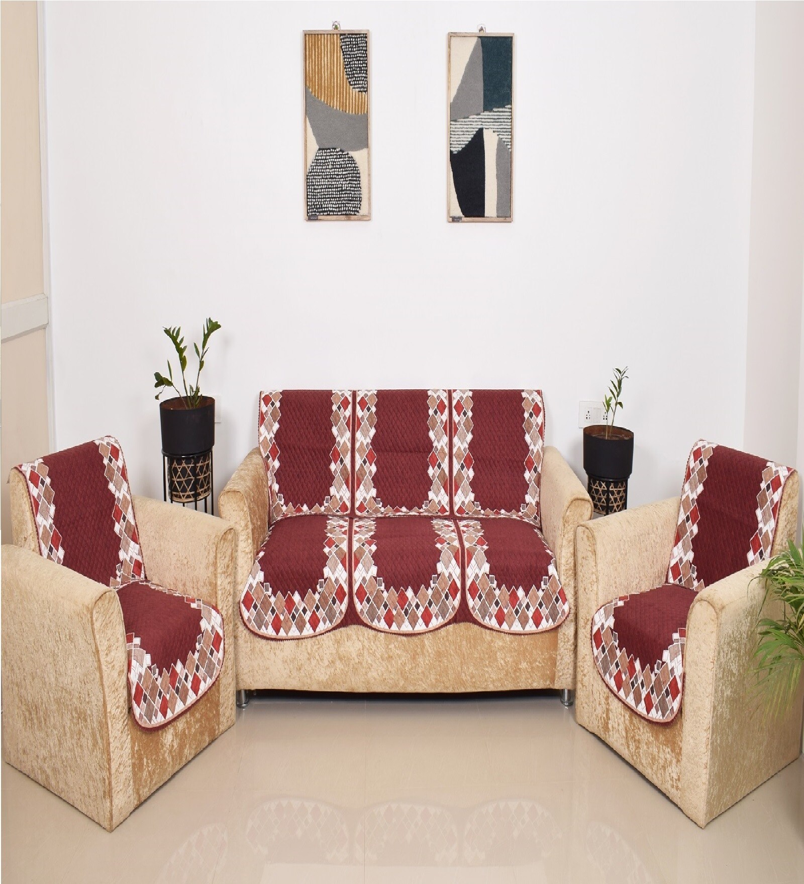 Brown 5 Seater Geometric 10Pcs Sofa Covers