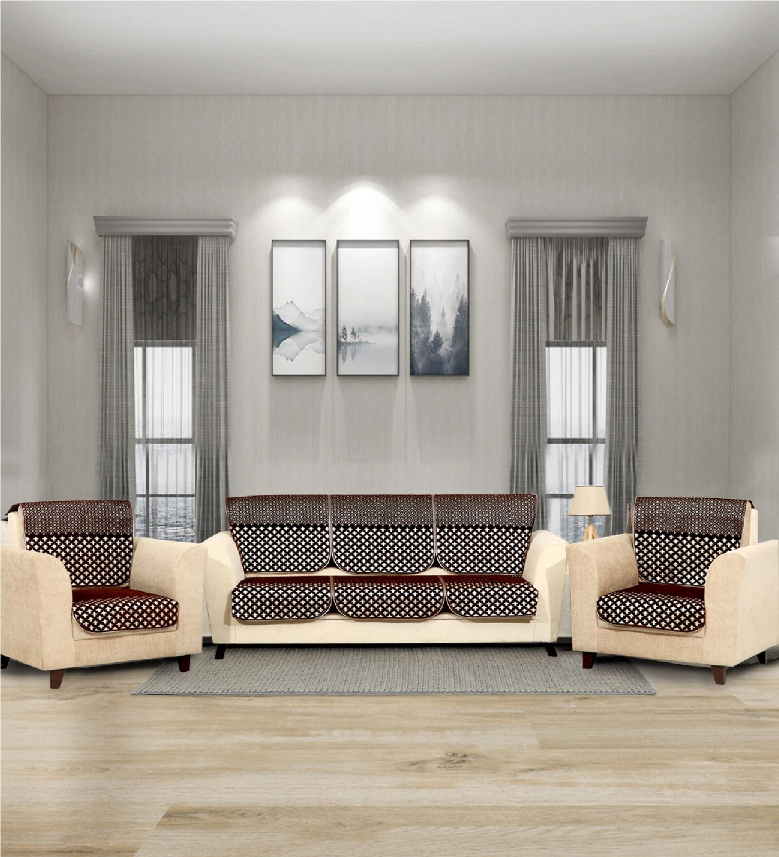 Brown 5 Seater Abstract 10Pcs Sofa Covers