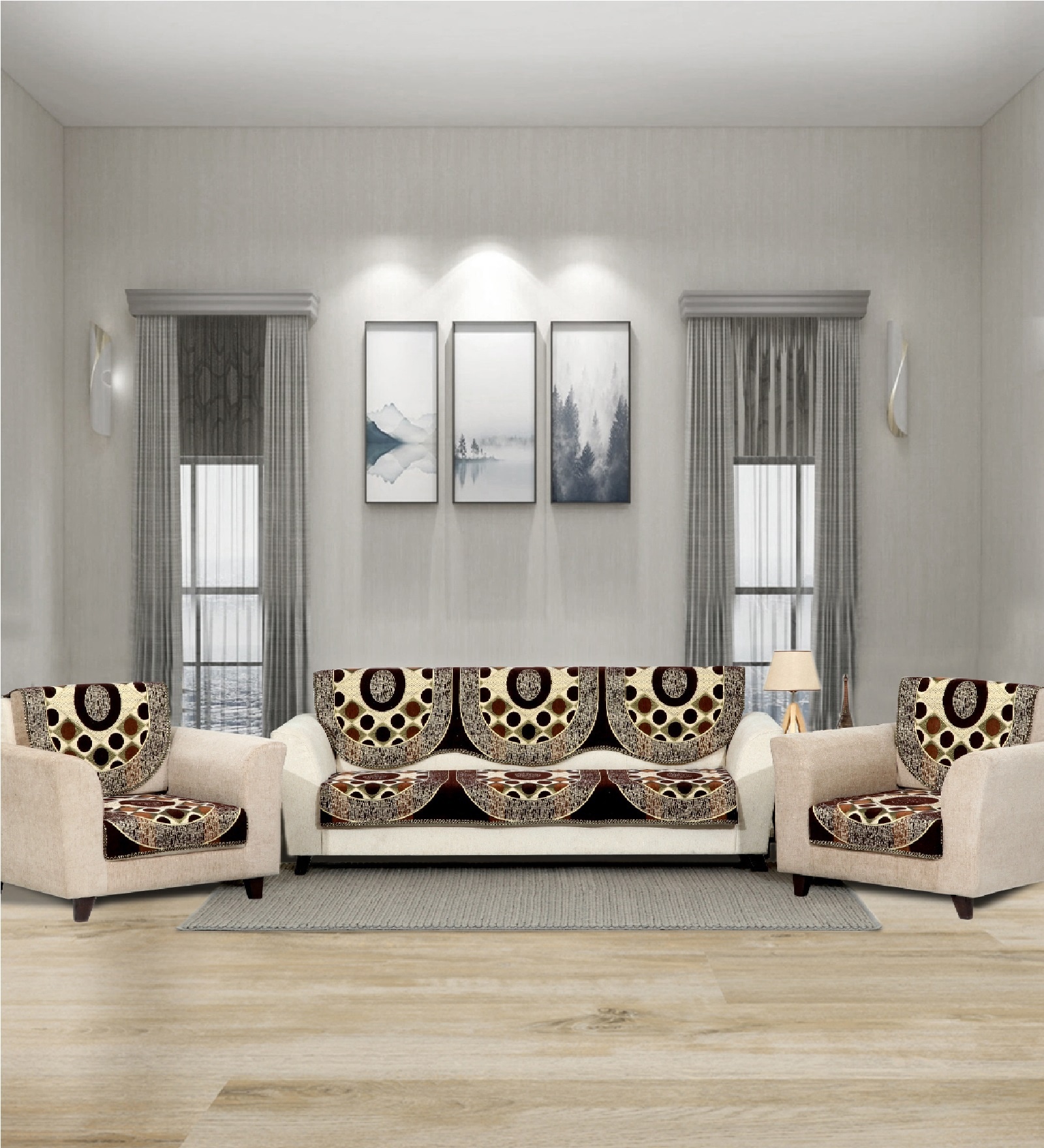 Brown 5 Seater Checkered 10Pcs Sofa Covers