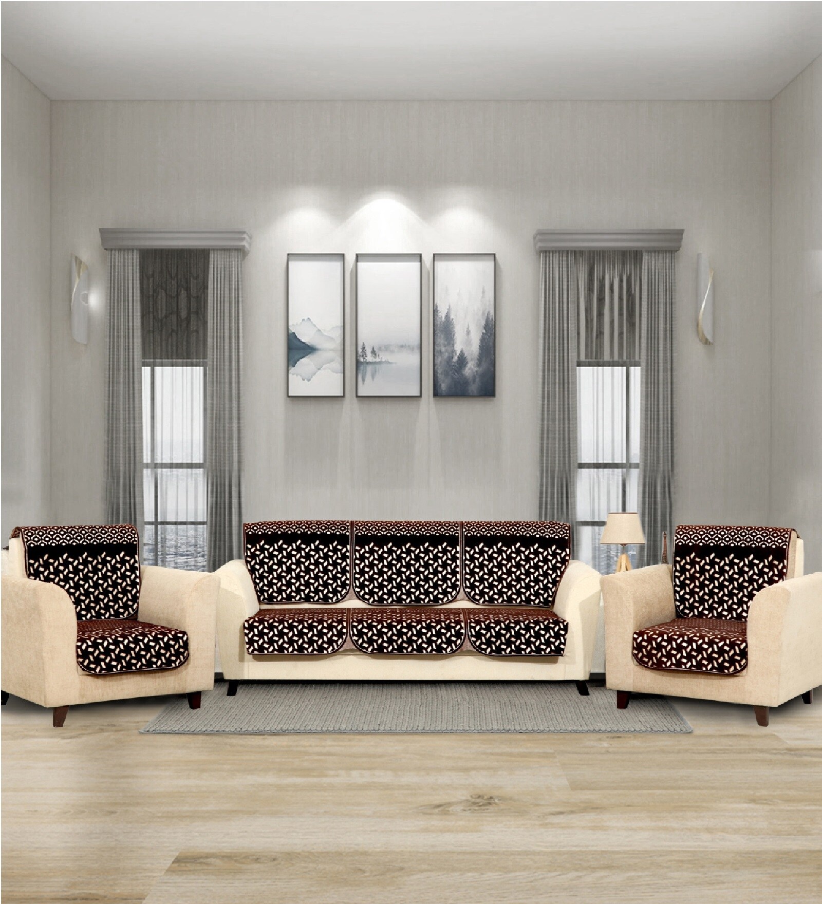 Brown 5 Seater Geometric 10Pcs Sofa Covers