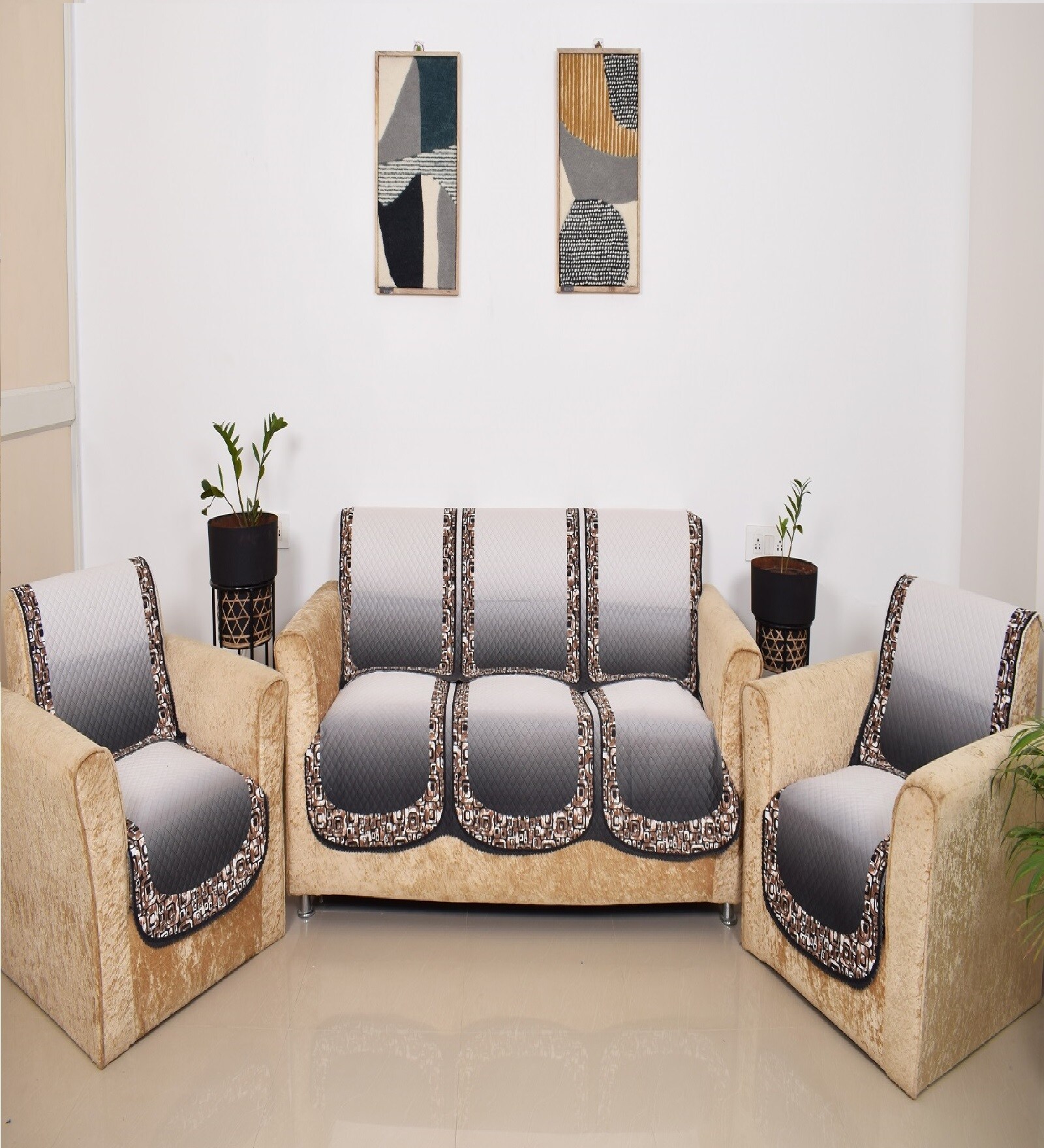 Brown 5 Seater Floral 10Pcs Sofa Covers