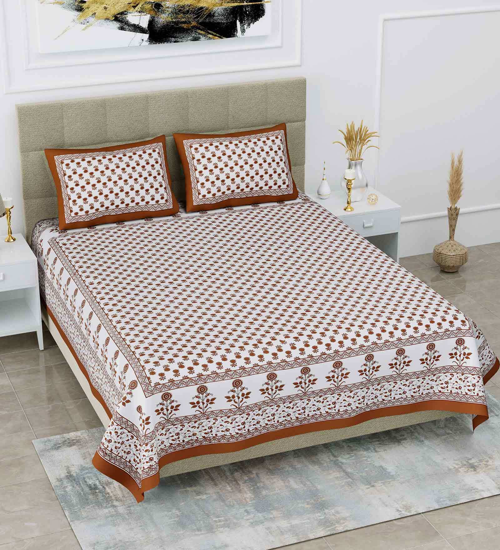 Buy Brown Geometric 108 TC Cotton King Sized Bed Sheets with 2 Pillow