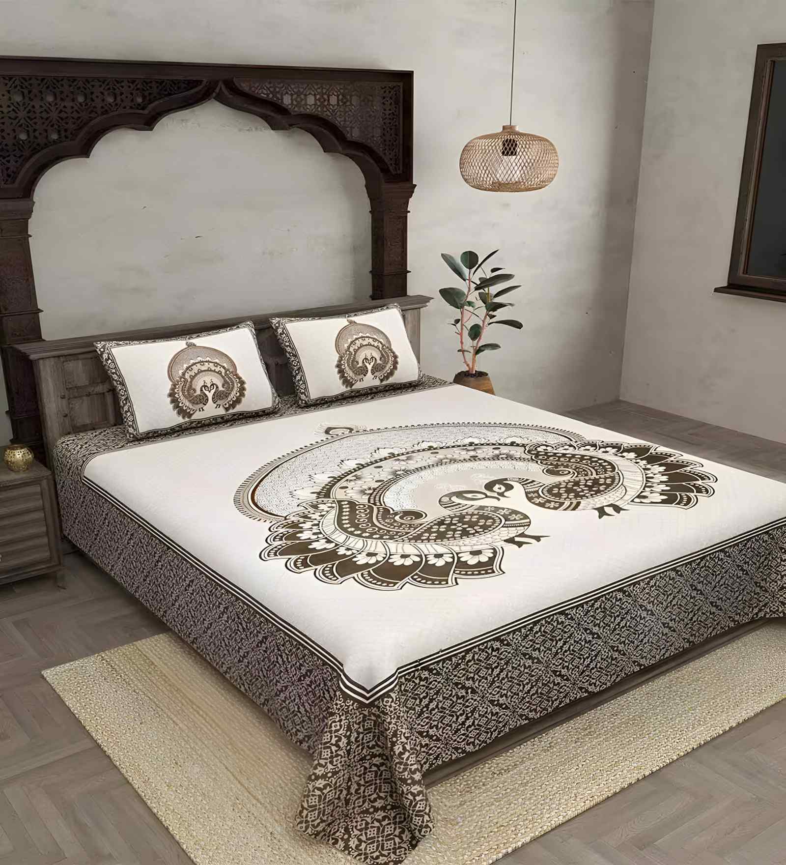 Brown Abstract 180 TC Cotton  King Sized Bedsheet with 2 Pillow Covers