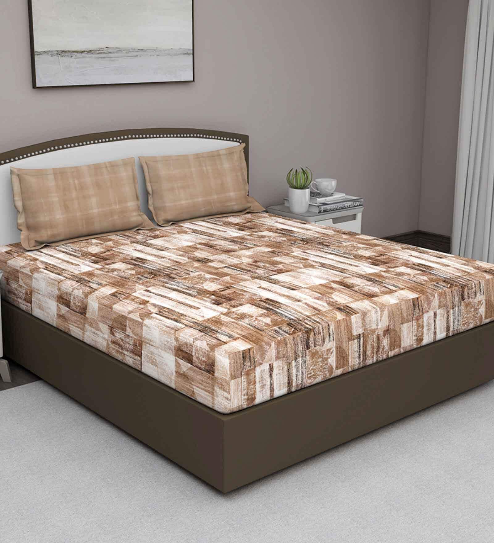 Brown Abstract 180 TC Cotton Queen Sized Bed Sheets with 2 Pillow Covers