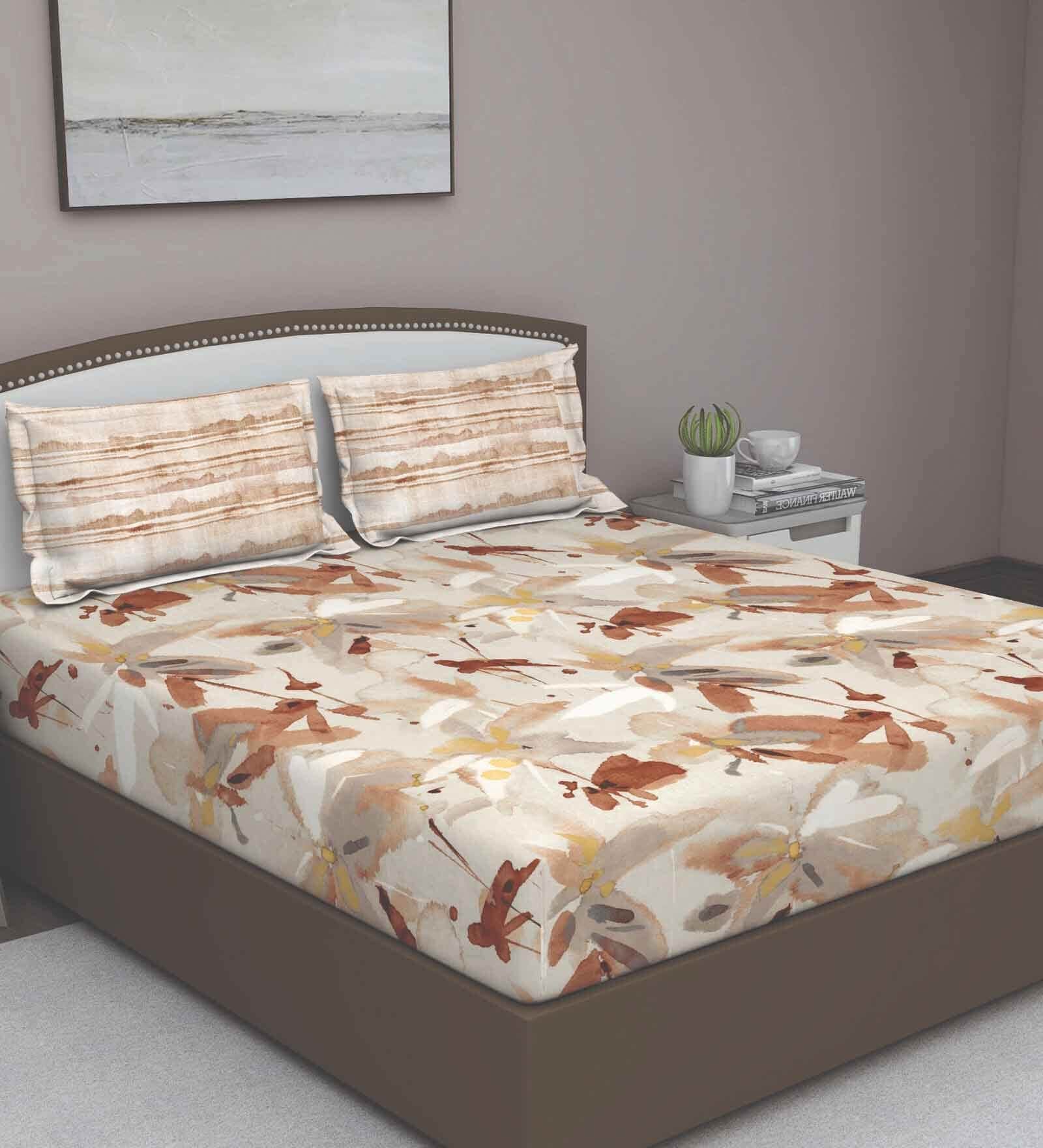 Brown Abstract 180 TC Cotton Queen Sized Bed Sheets with 2 Pillow Covers
