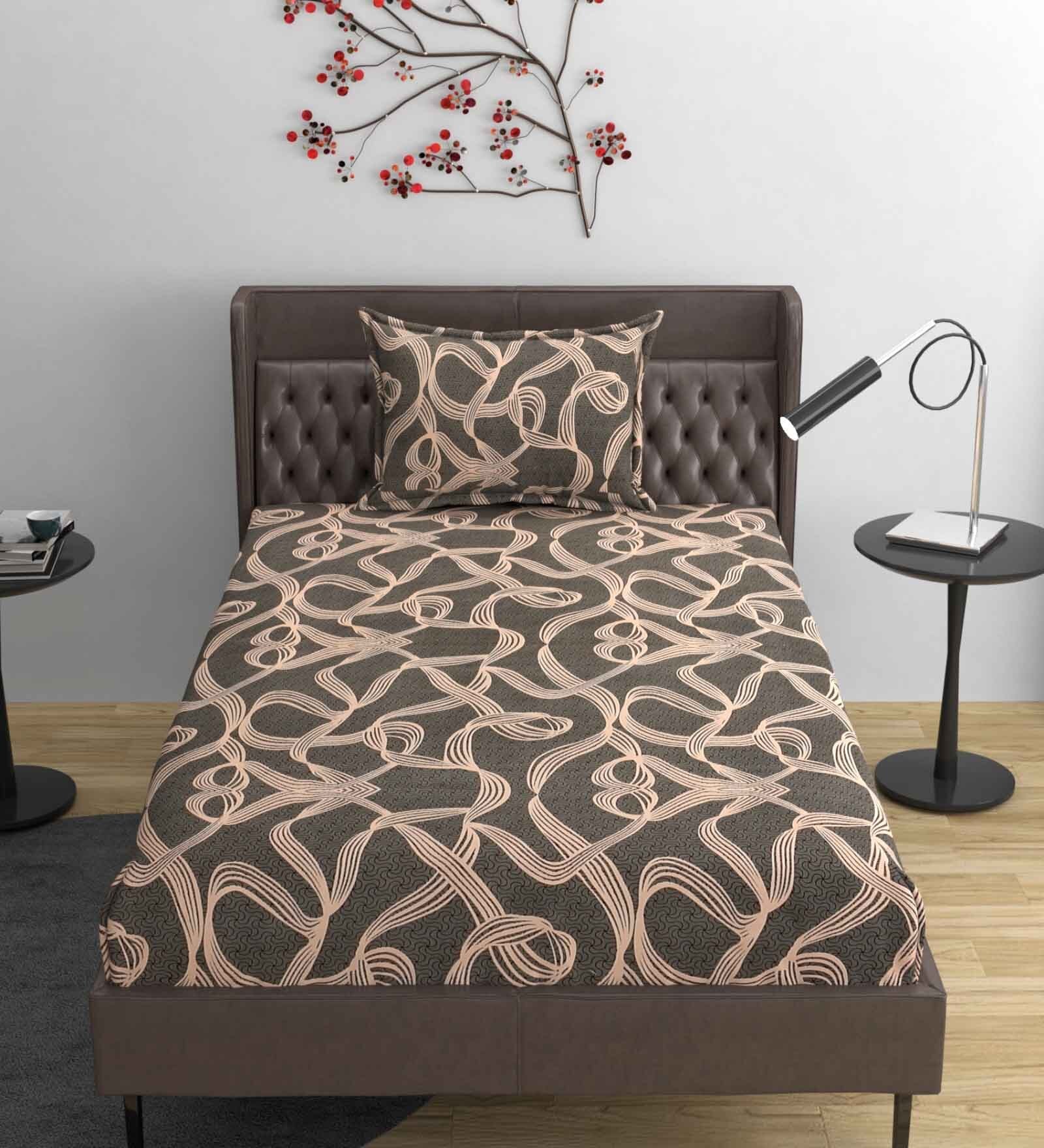 Brown Abstract 220 TC Cotton Blend Fitted Single Sized Bedsheet With 1 Pillow Cover