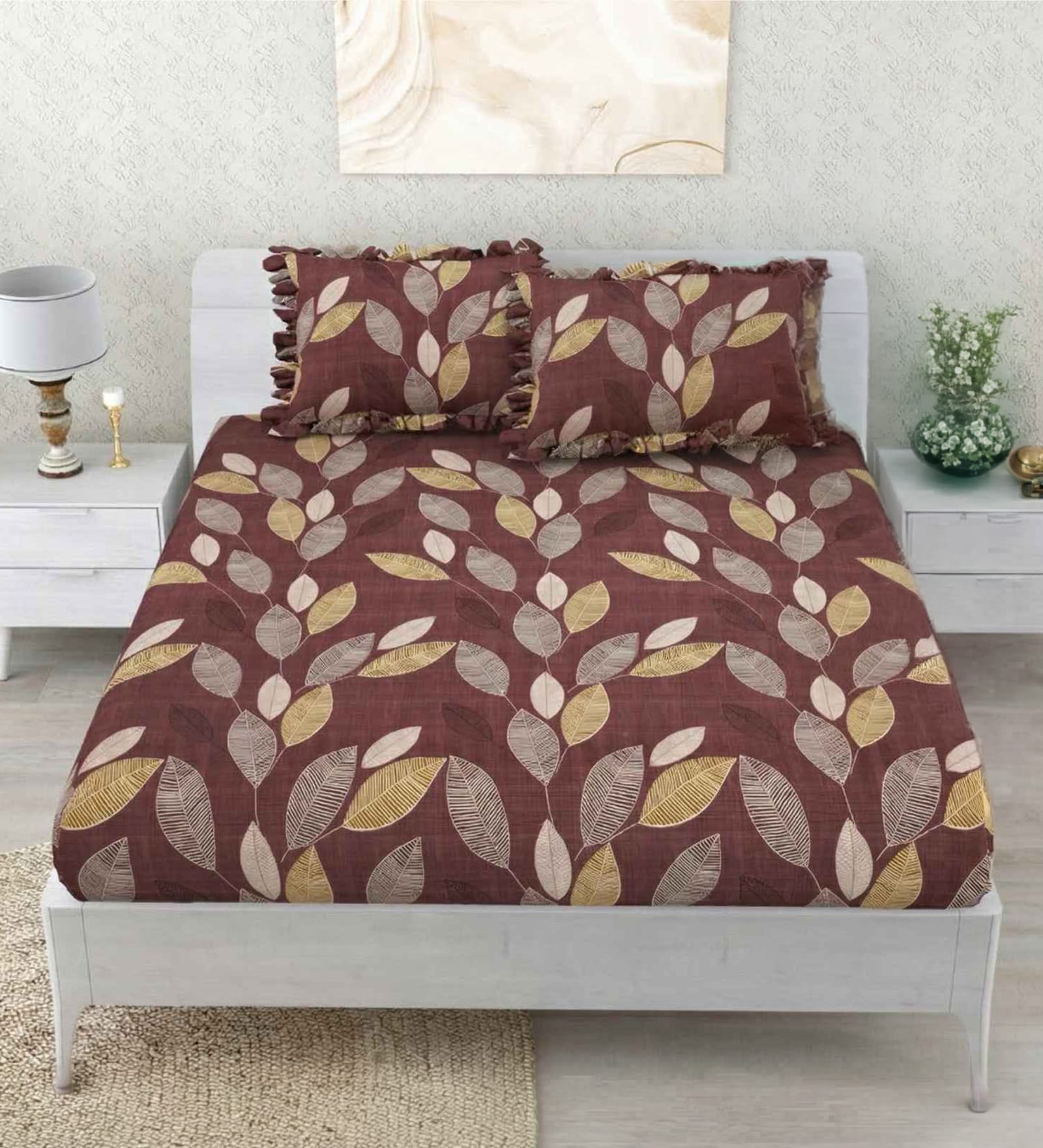 Brown Abstract 260 Tc Polycotton Double Fitted Bedsheet With 2 Pillow Covers