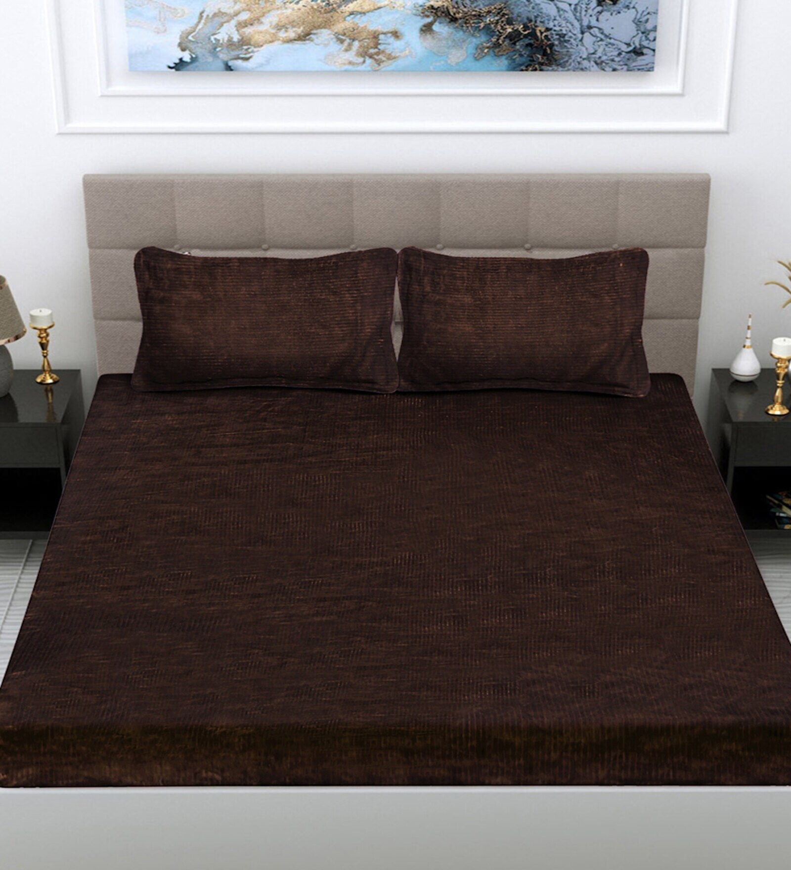 Buy Brown Abstract 300 TC Woollen Woollen Flat Double Bedsheet with 2