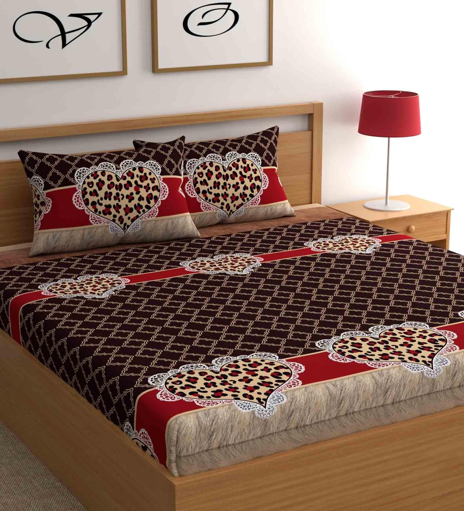 Red & Brown Abstract Bohemya 160 TC Microfiber Queen Sized Bedsheet with 2 Pillow Covers