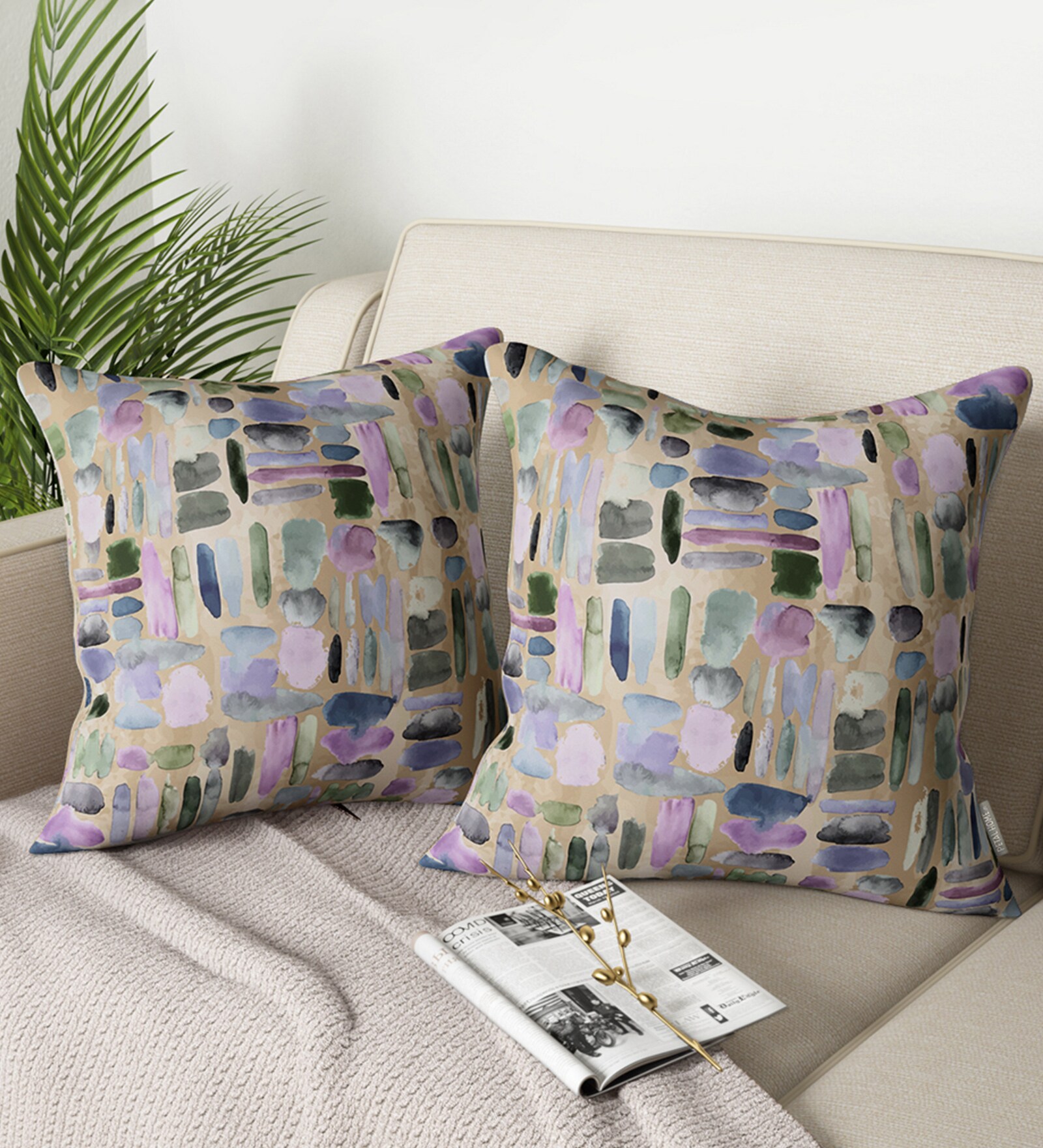 Brown Abstract Cotton 16 x 16 Inches Cushion Covers (Set of 2)