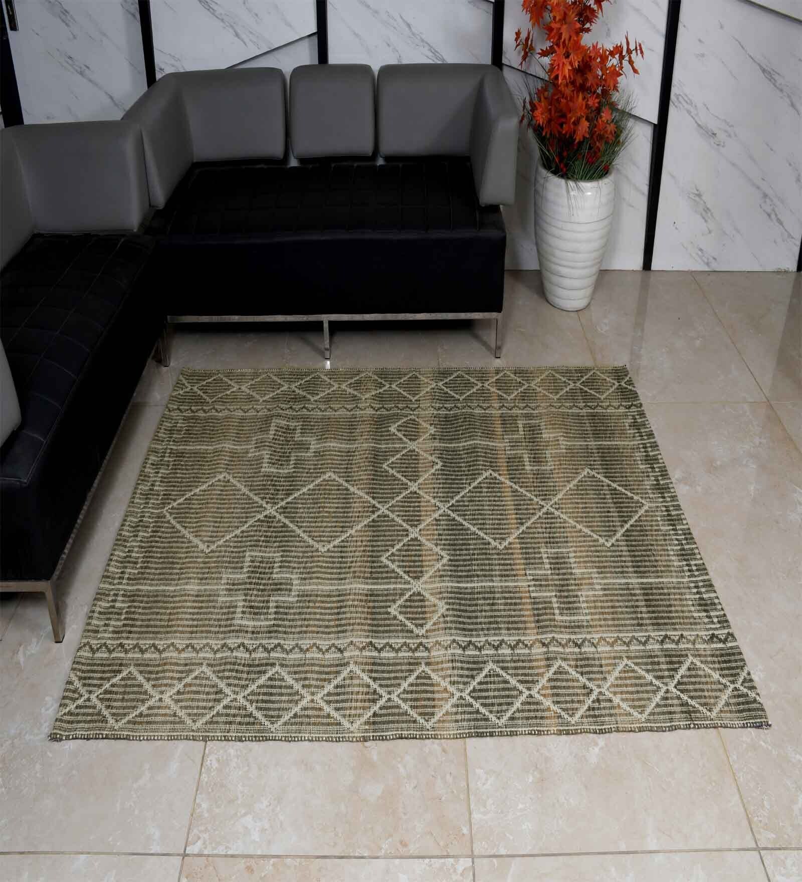 Brown Abstract Polyester 5 x 8 Feet Hand Woven Carpet