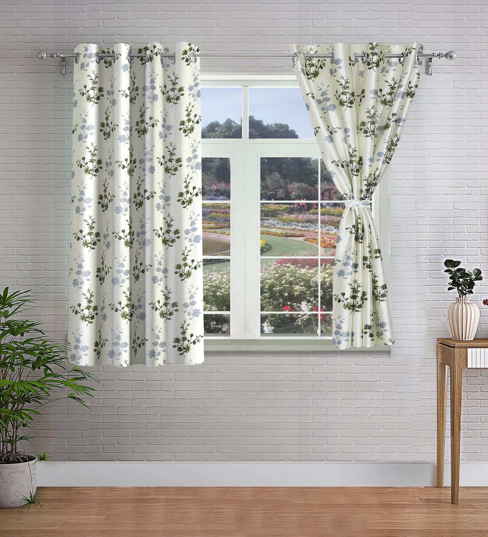 Green Floral Polyester 5ft Semisheer Eyelet (Set Of 2)