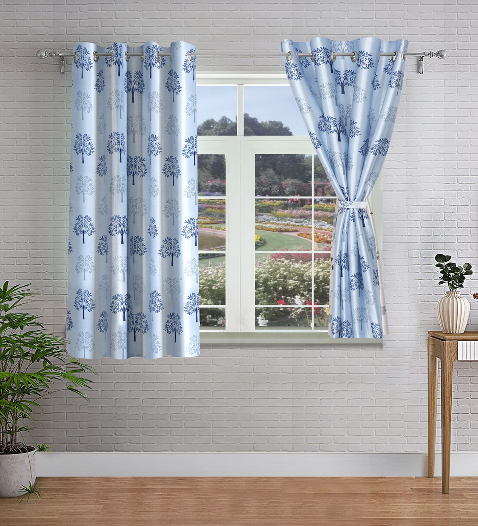 Blue Floral Polyester 5ft Semisheer Eyelet (Set Of 2)