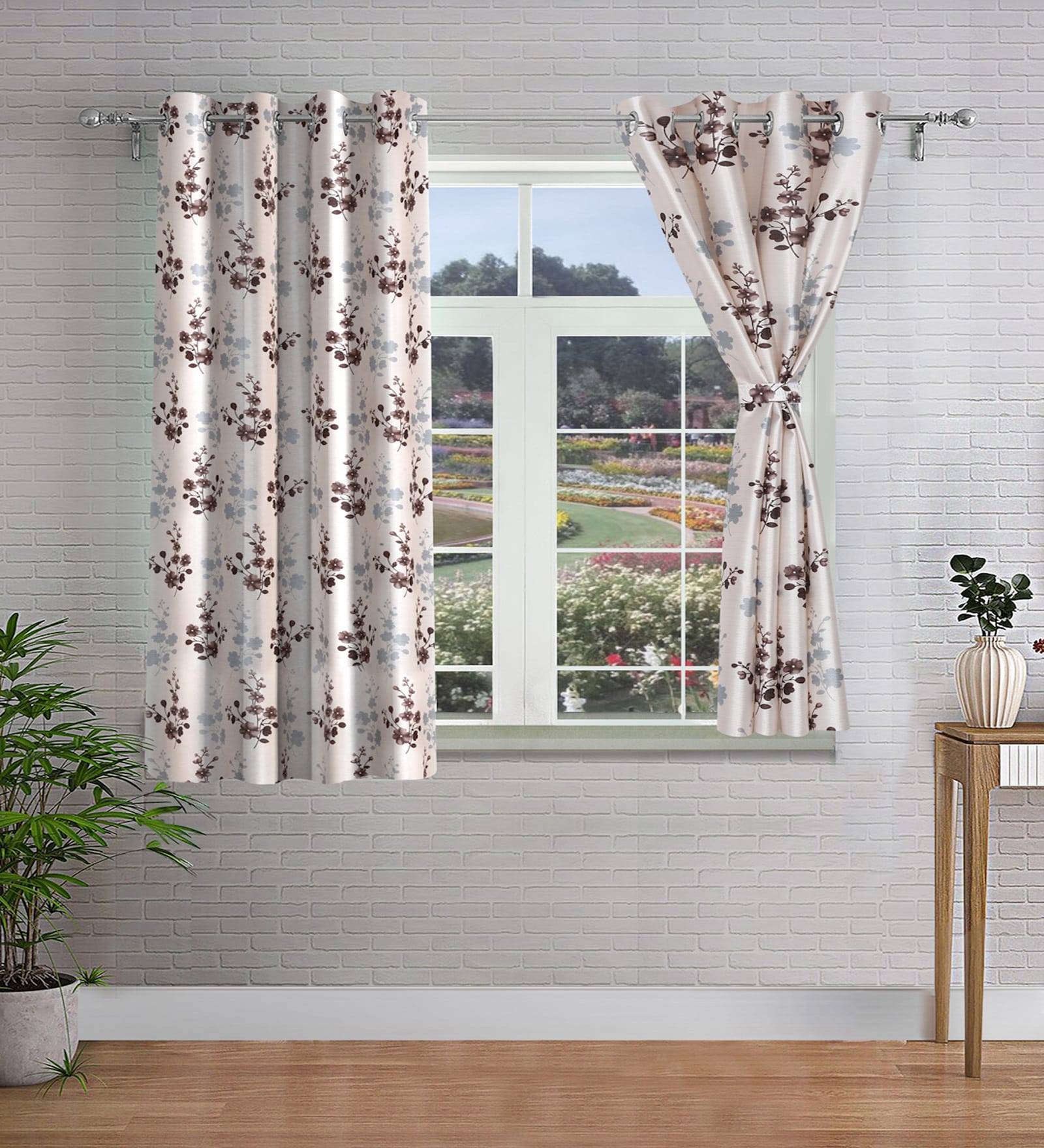 Brown Floral Polyester 5ft Semisheer Eyelet (Set Of 2)