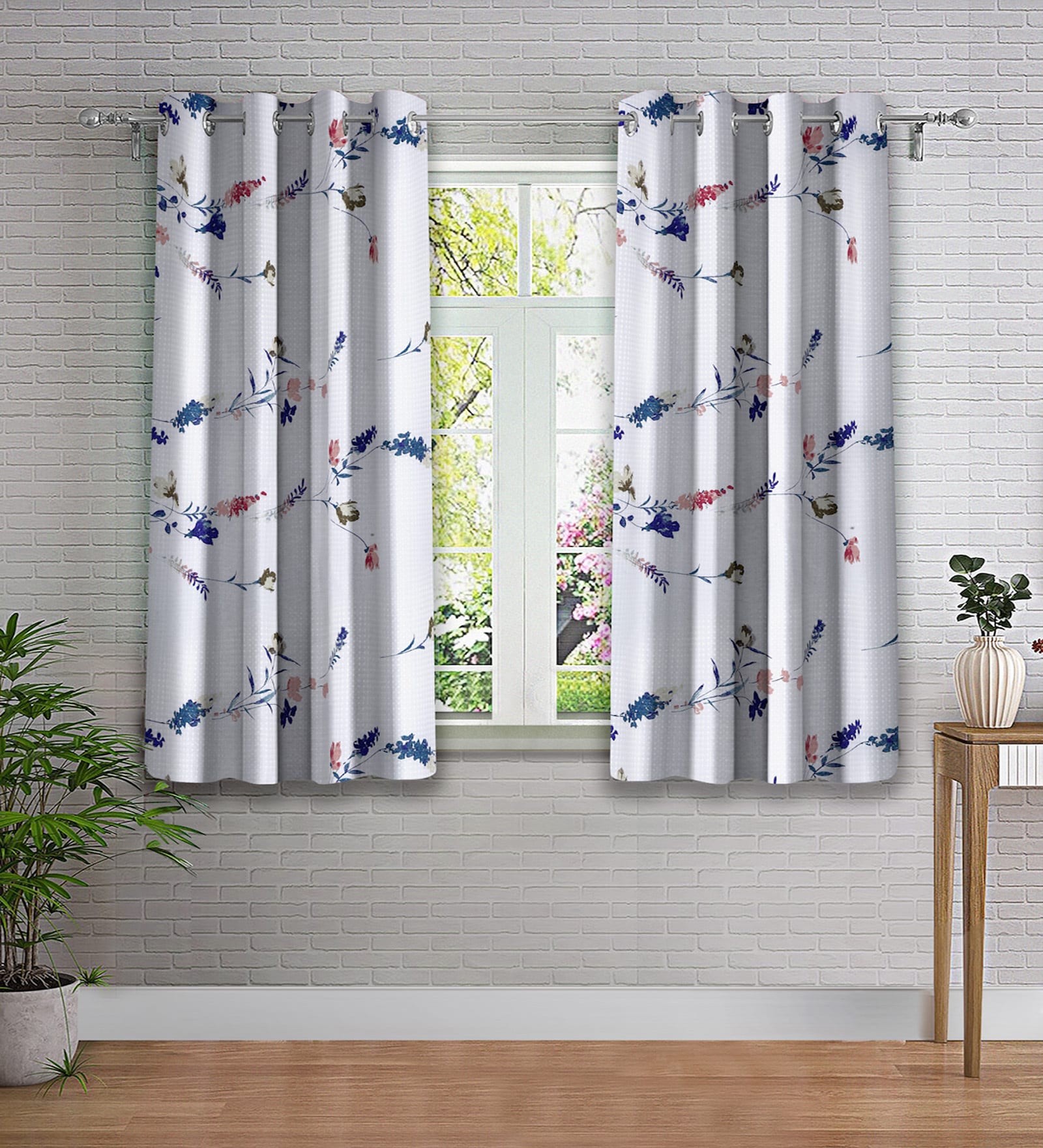 White Floral Polyester 5ft Semisheer Eyelet (Set Of 2)