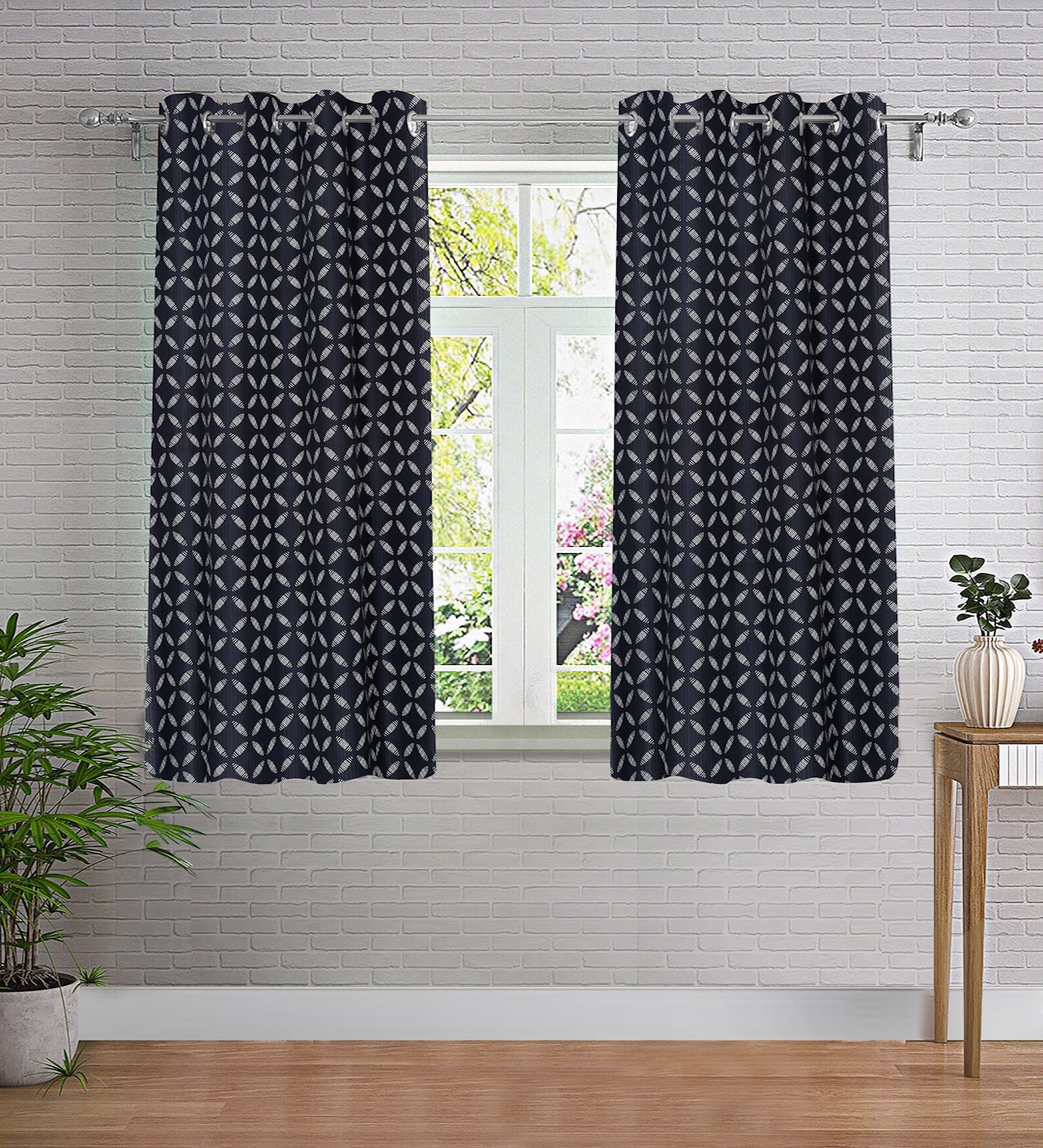 Black Geometric Polyester 5ft Semisheer Eyelet (Set Of 2)