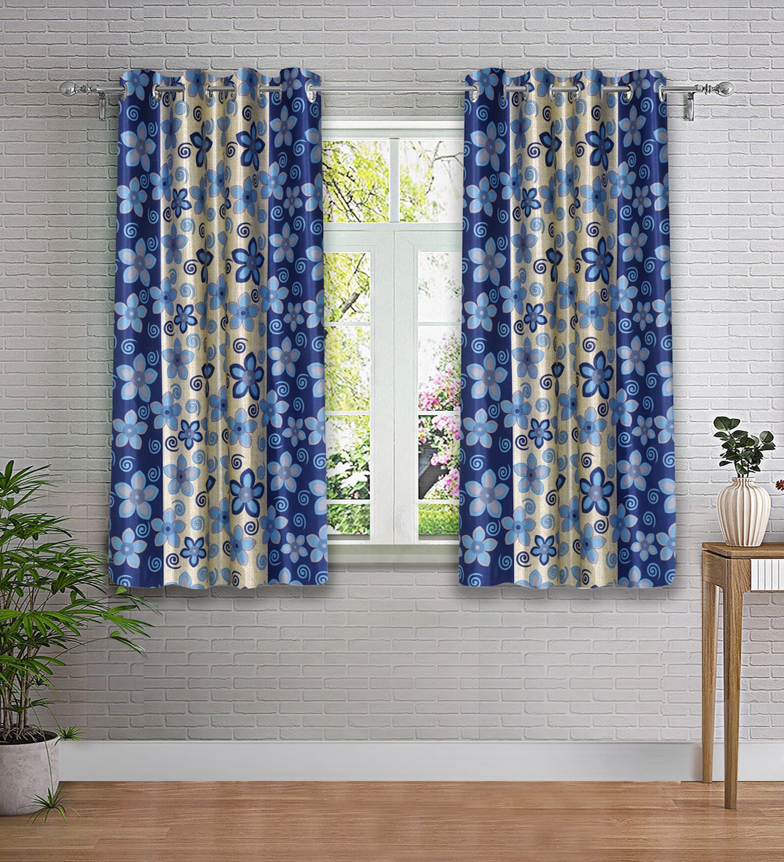 Blue Floral Polyester 5ft Semisheer Eyelet (Set Of 2)