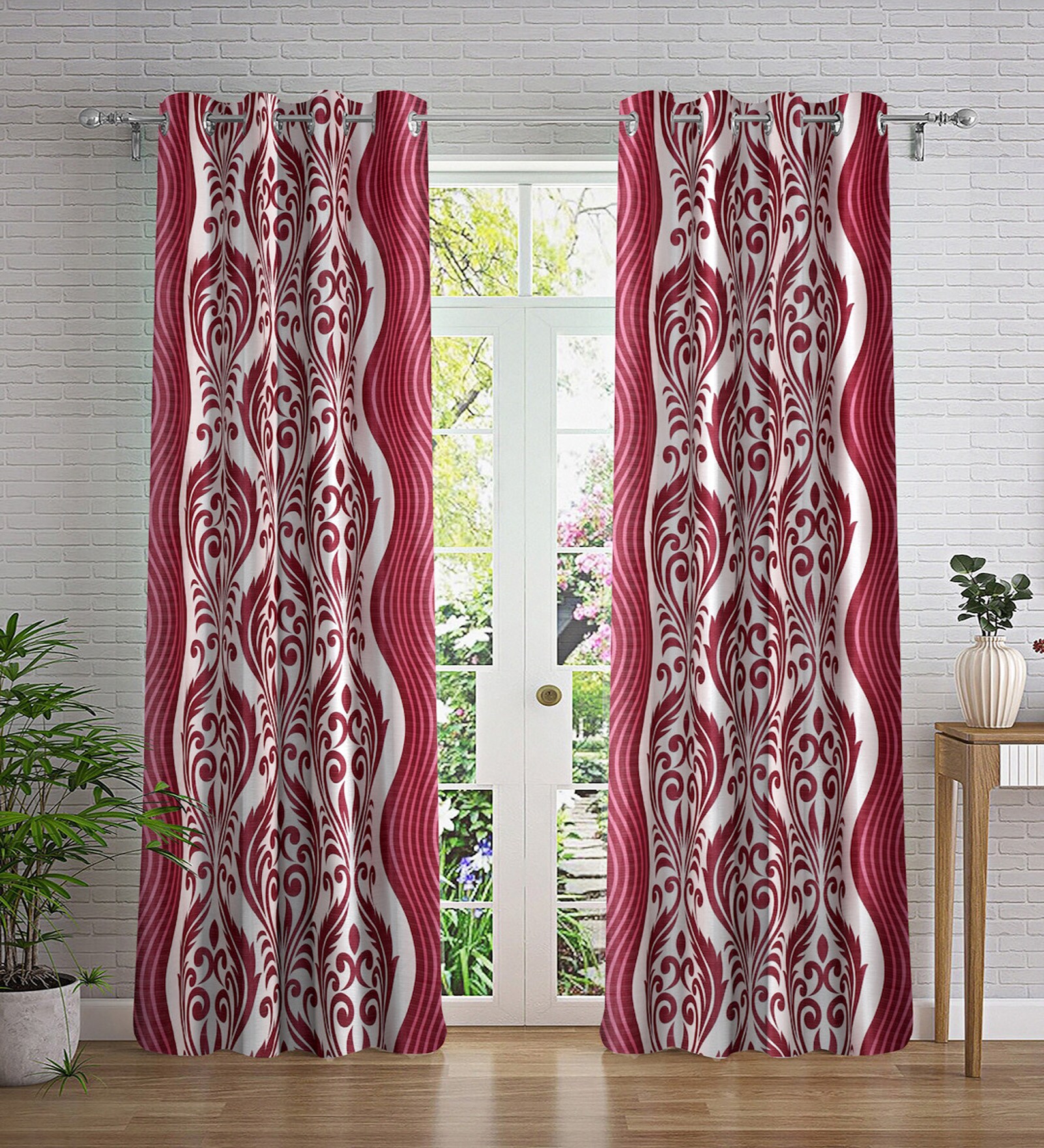 Pink Abstract Polyester 7ft Semisheer Eyelet (Set Of 2)