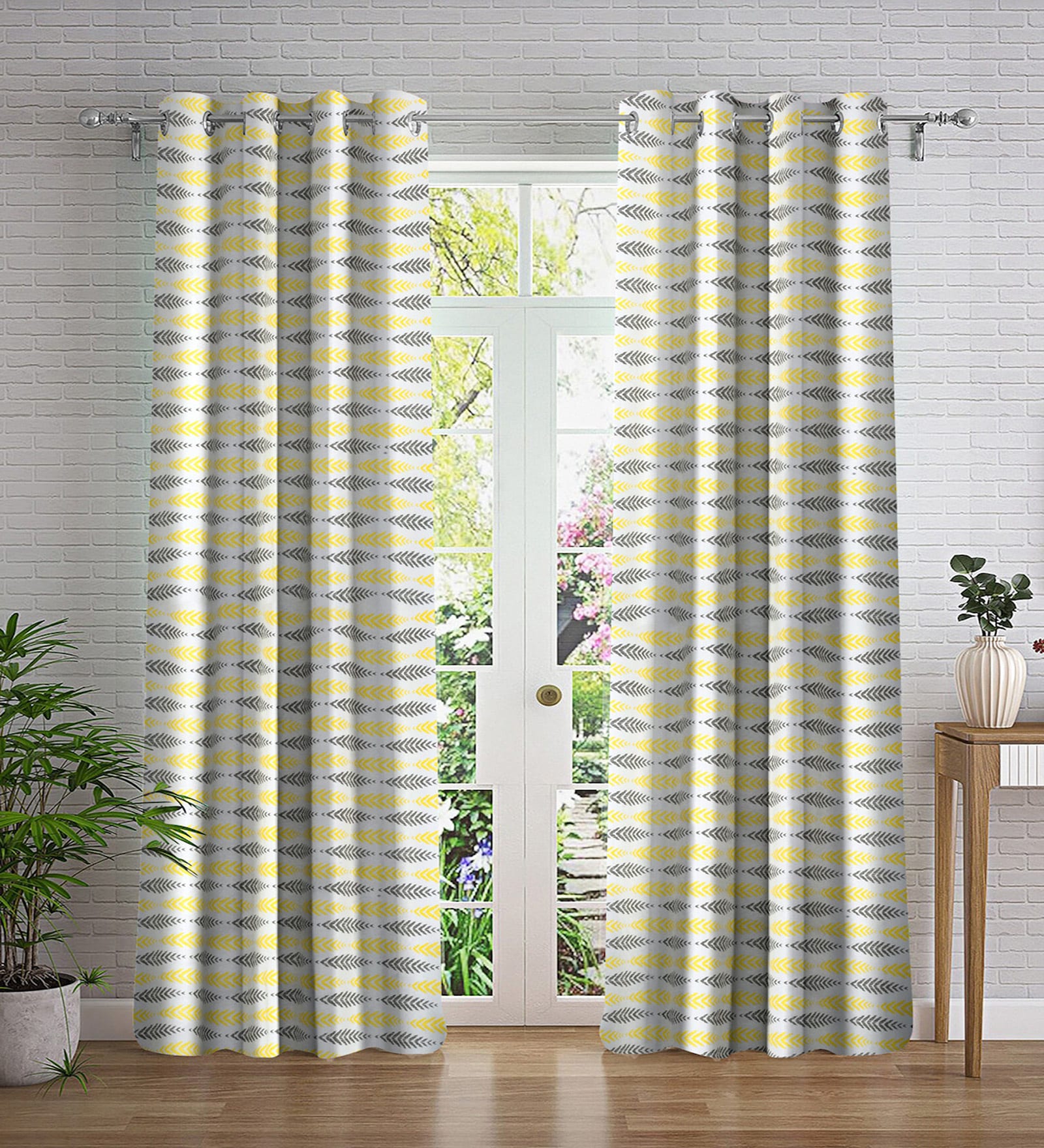 Yellow Abstract Polyester 7ft Semisheer Eyelet (Set Of 2)