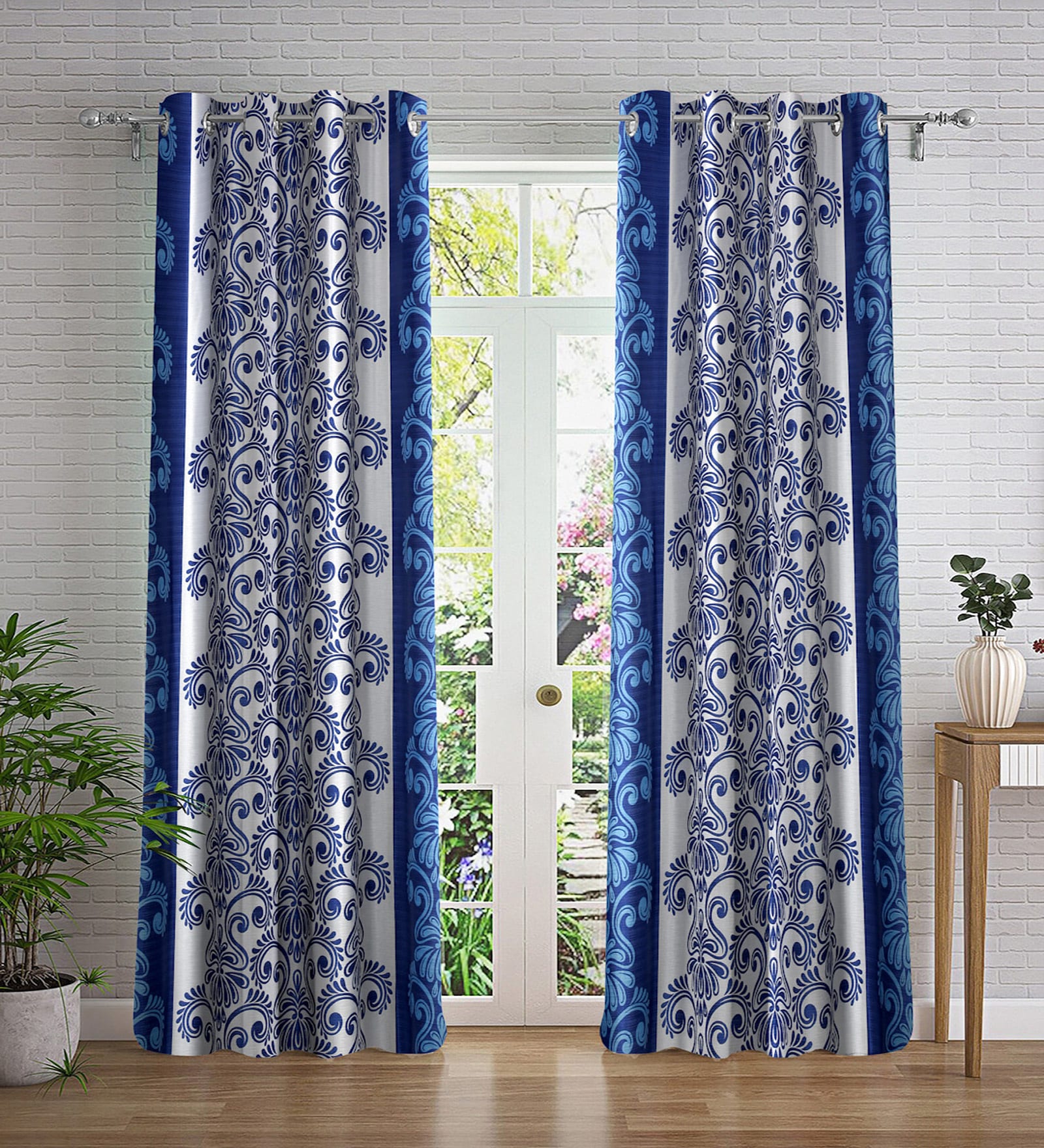 Blue Abstract Polyester 7ft Semisheer Eyelet (Set Of 2)