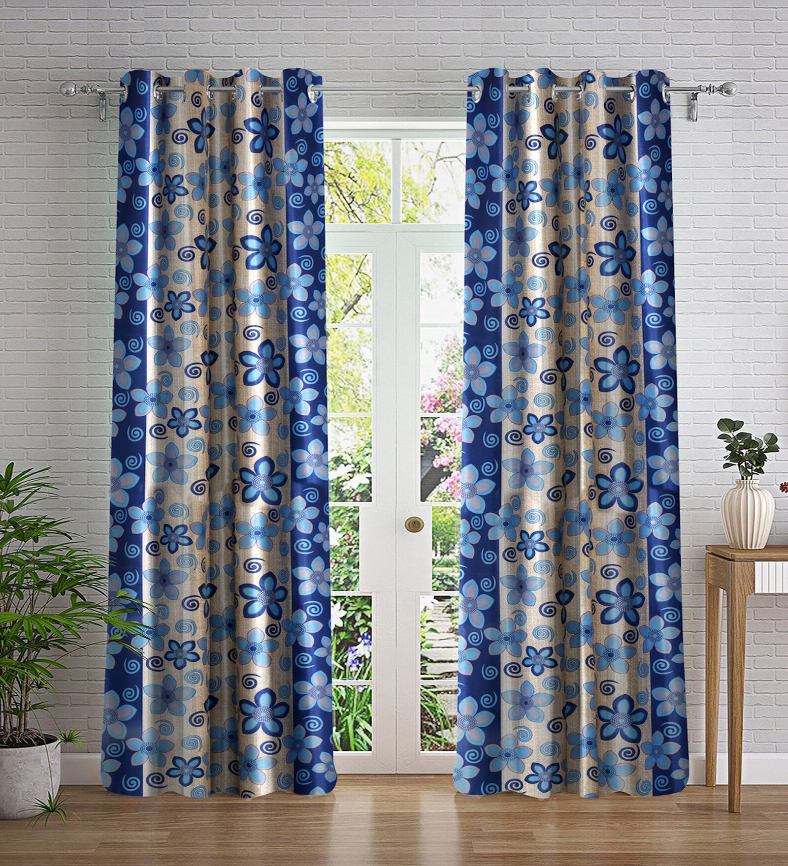 Blue Floral Polyester 7ft Semisheer Eyelet (Set Of 2)