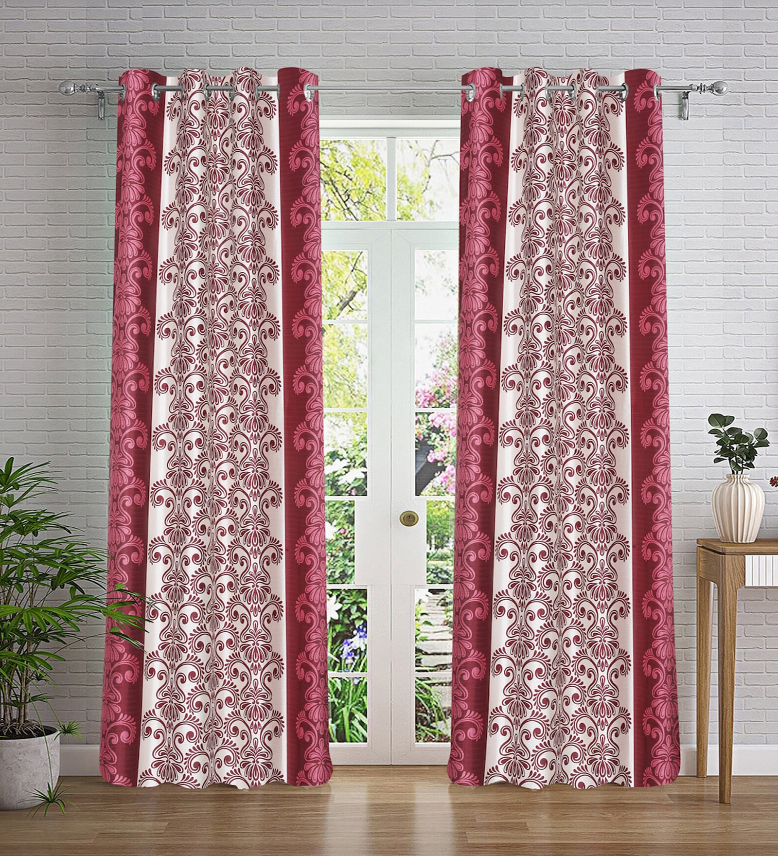 Pink Abstract Polyester 7ft Semisheer Eyelet (Set Of 2)