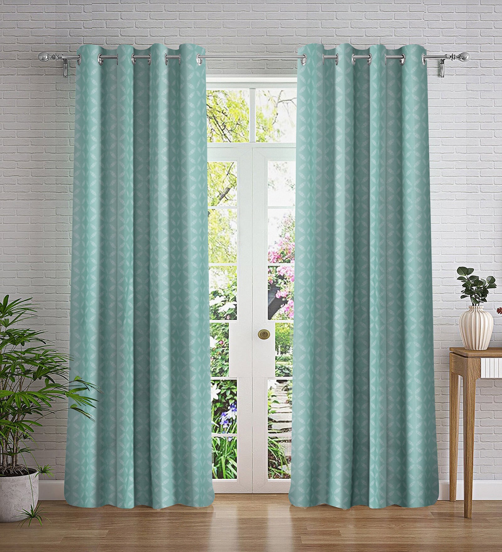 Green Geometric Polyester 7ft Semisheer Eyelet (Set Of 2)
