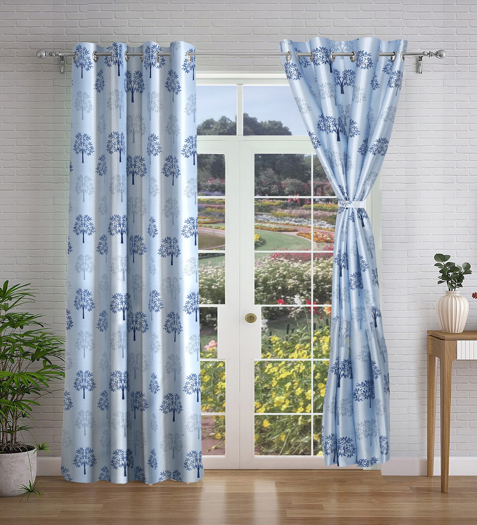 Blue Floral Polyester 9ft Semisheer Eyelet (Set Of 2)