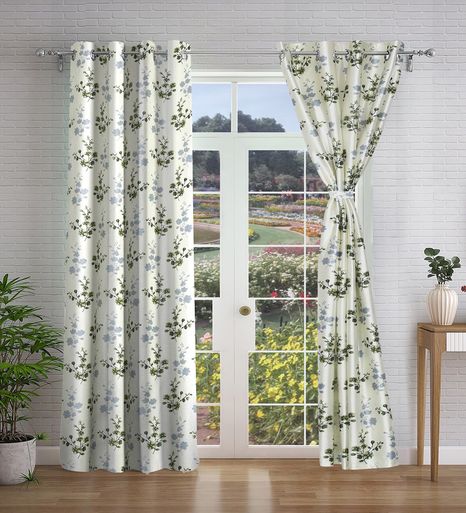 Green Floral Polyester 9ft Semisheer Eyelet (Set Of 2)
