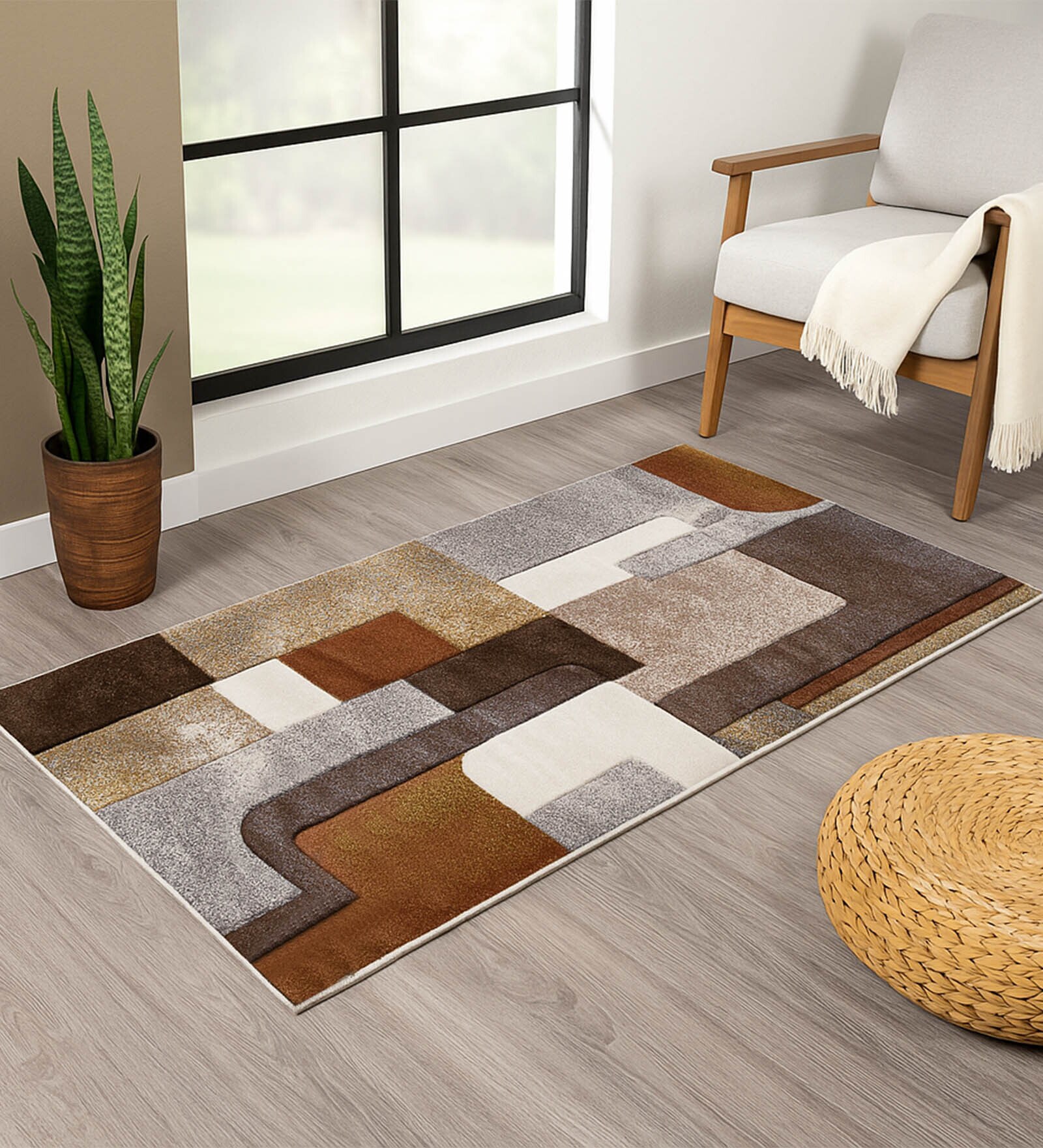 Brown Abstract Polypropylene 5 ft x 2 ft Machine Made Runner