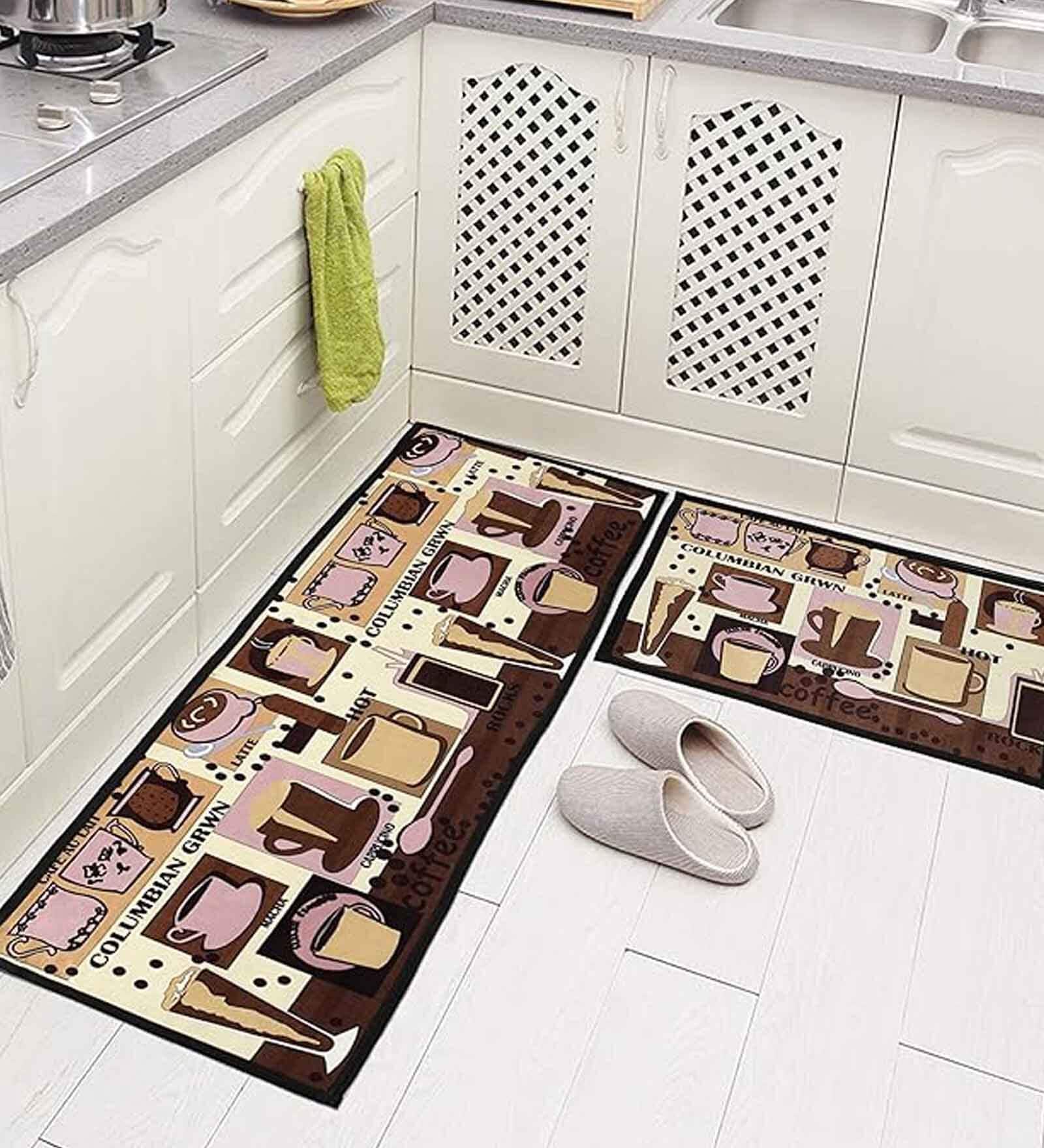 Brown Abstract Velvet Antiskid Machine Made Floor Runner and Door Mat Combo