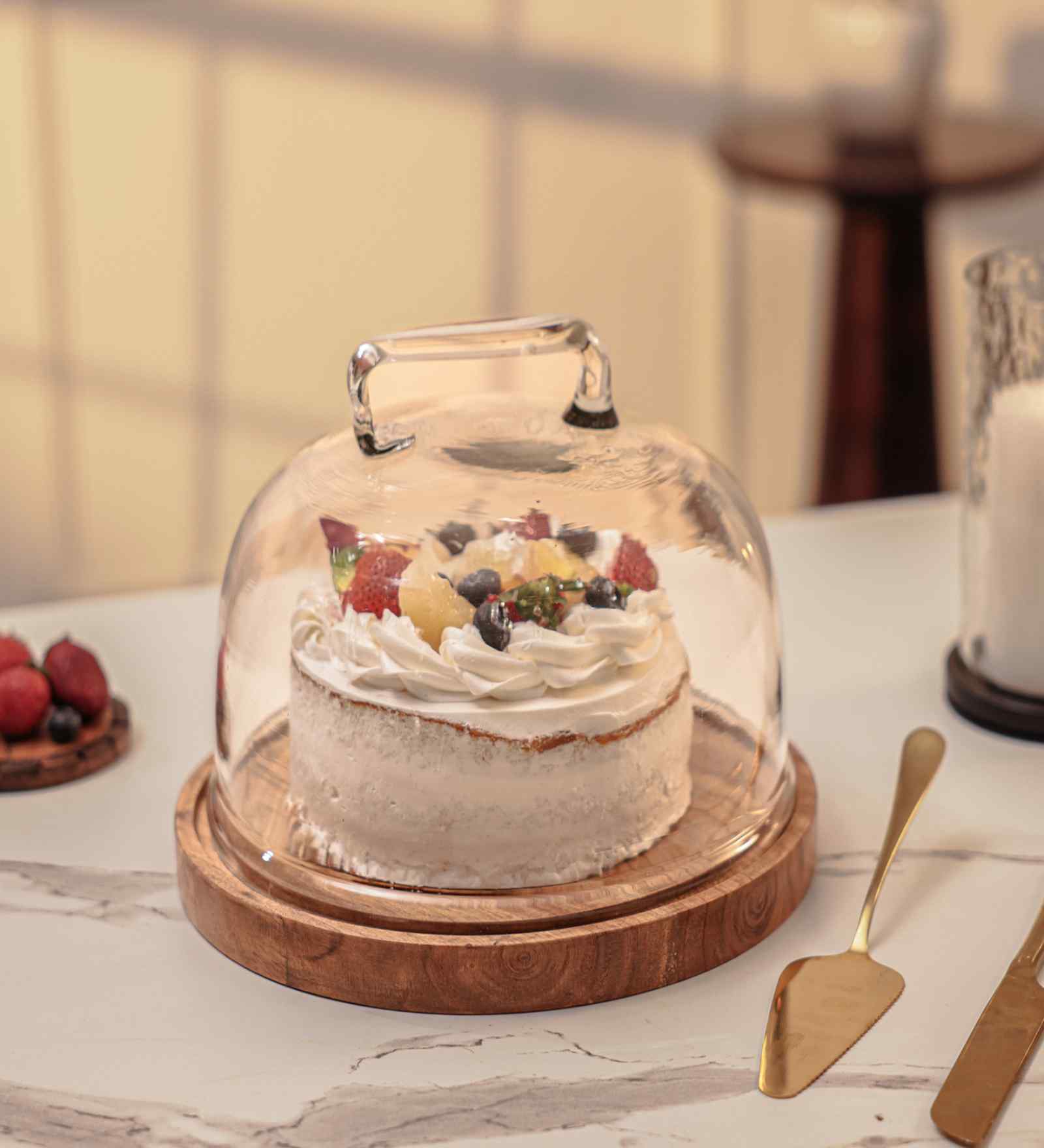 Brown Acacia Wood  Cloche With Wooden Base