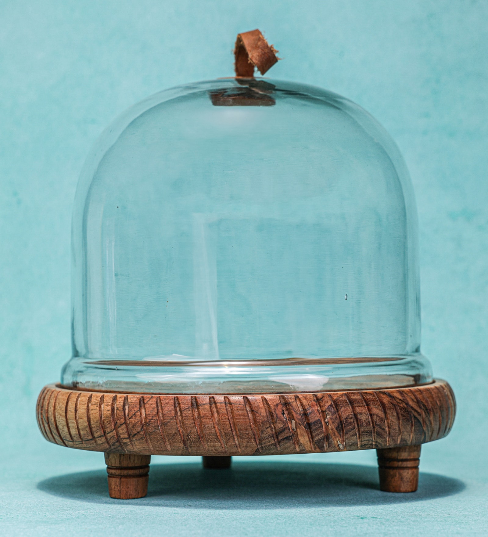 Brown Acacia Wood  Cloche With Wooden Base