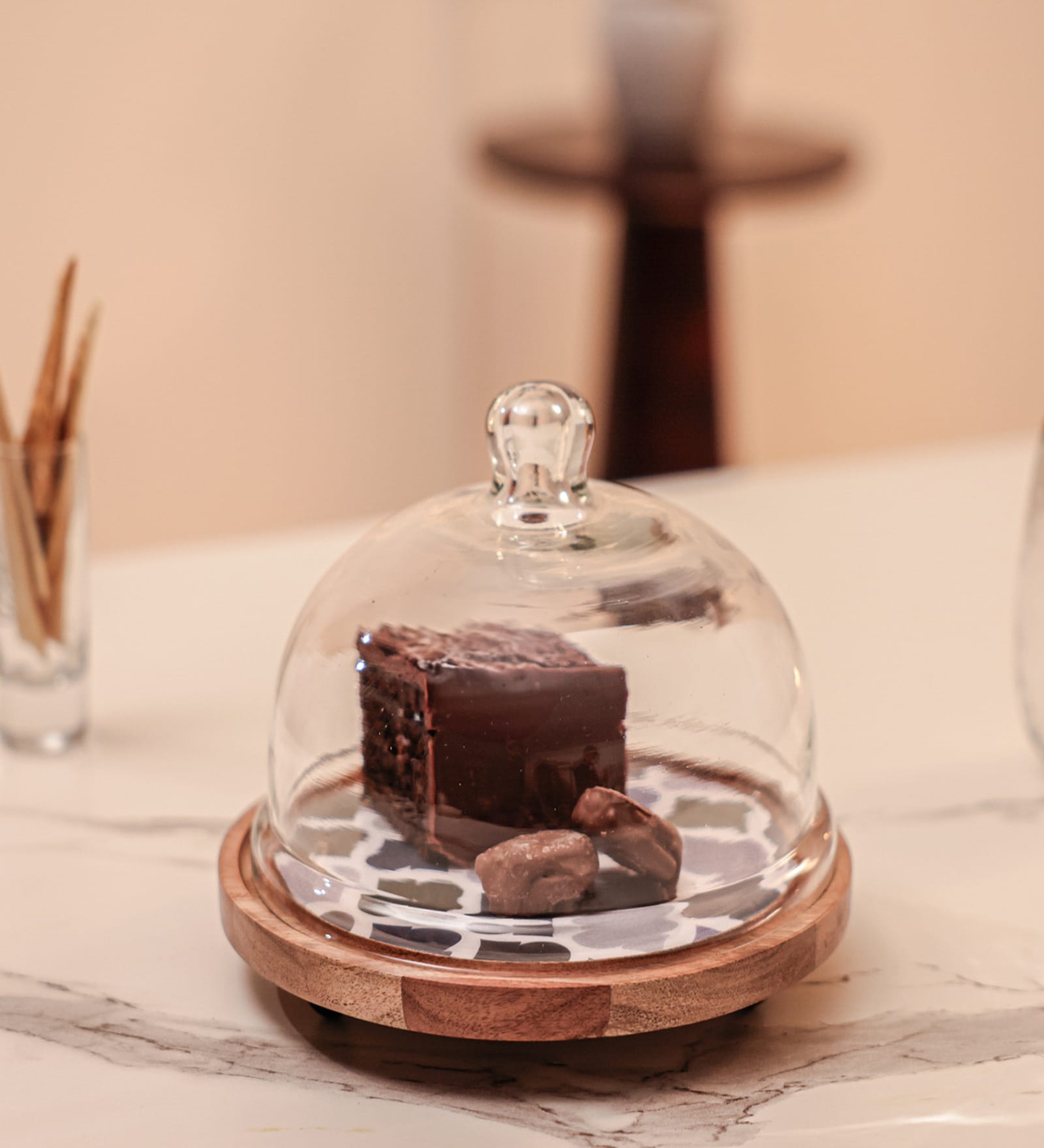 Brown Acacia Wood  Cloche With Wooden printed Base