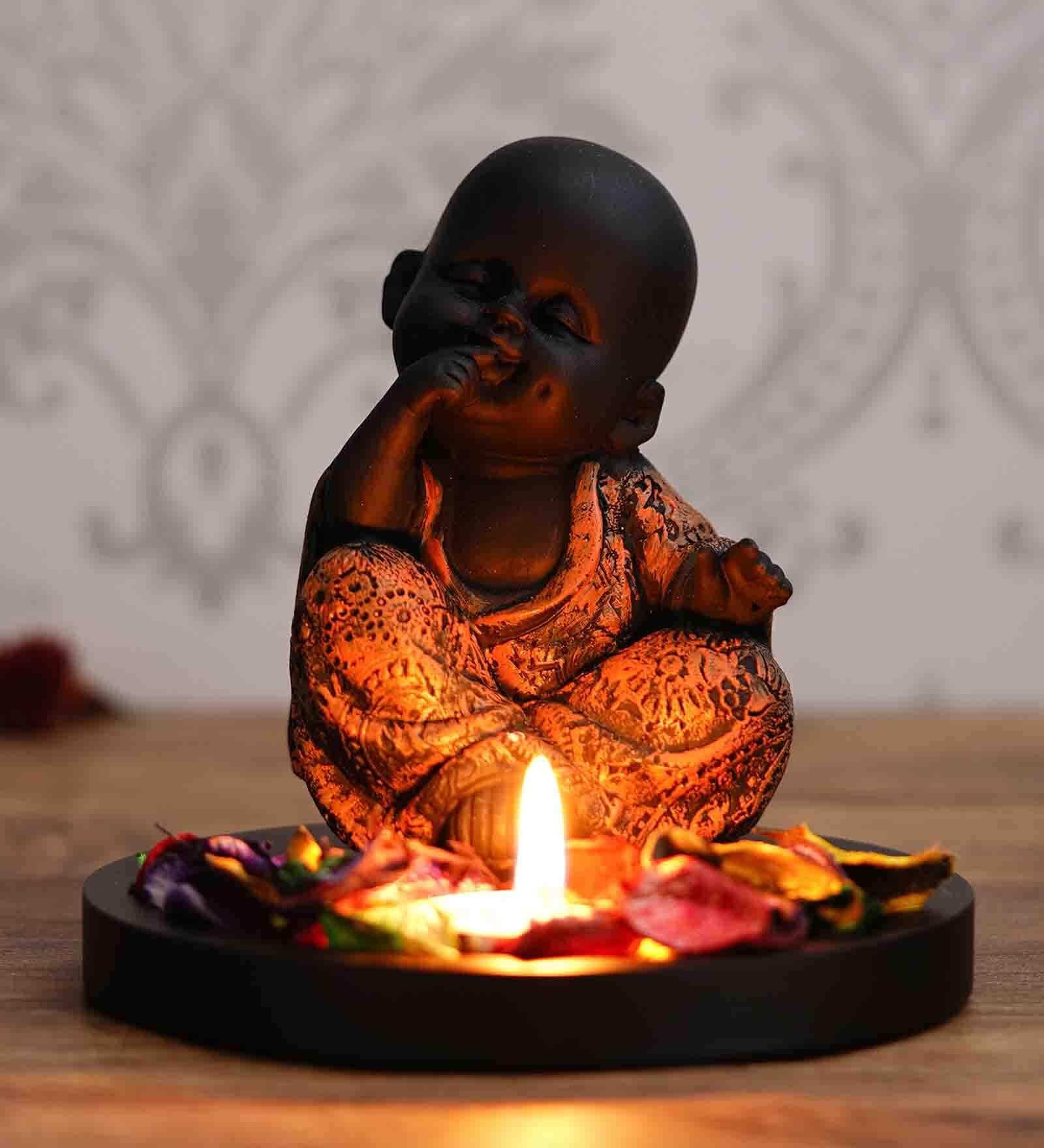 Brown and Black Polyresin Smiling Monk with Wooden Base