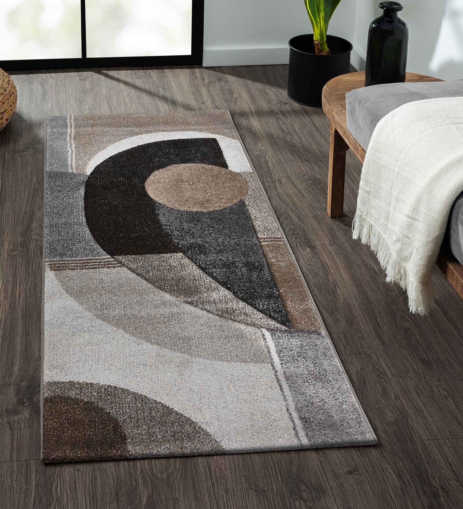 Brown and Brown Geometrical Polypropylene 5 ft x 2.5 ft Machine Made Runner