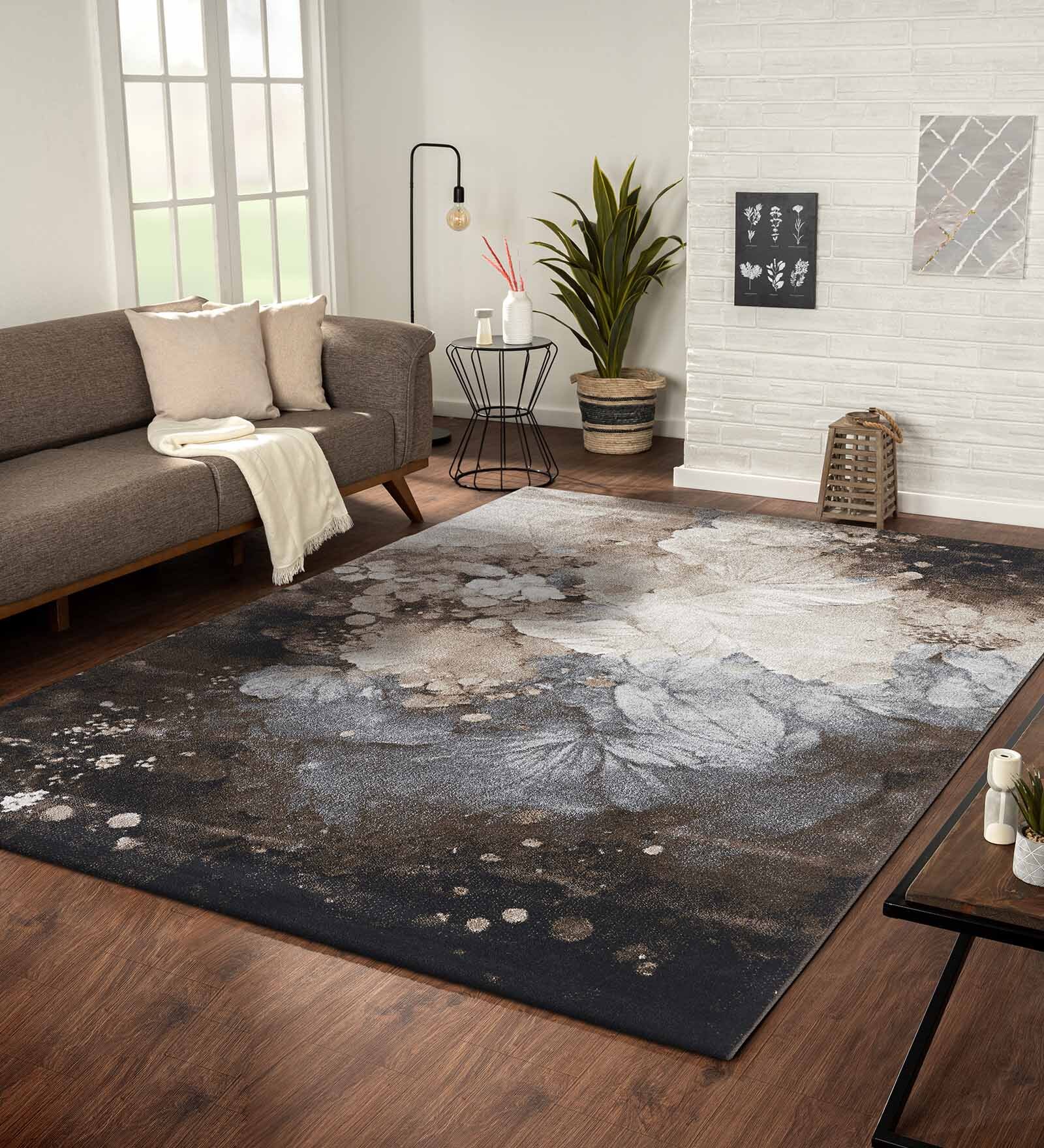 Brown and Cream Floral Polypropylene 9 ft x 6 ft Machine Made Carpet