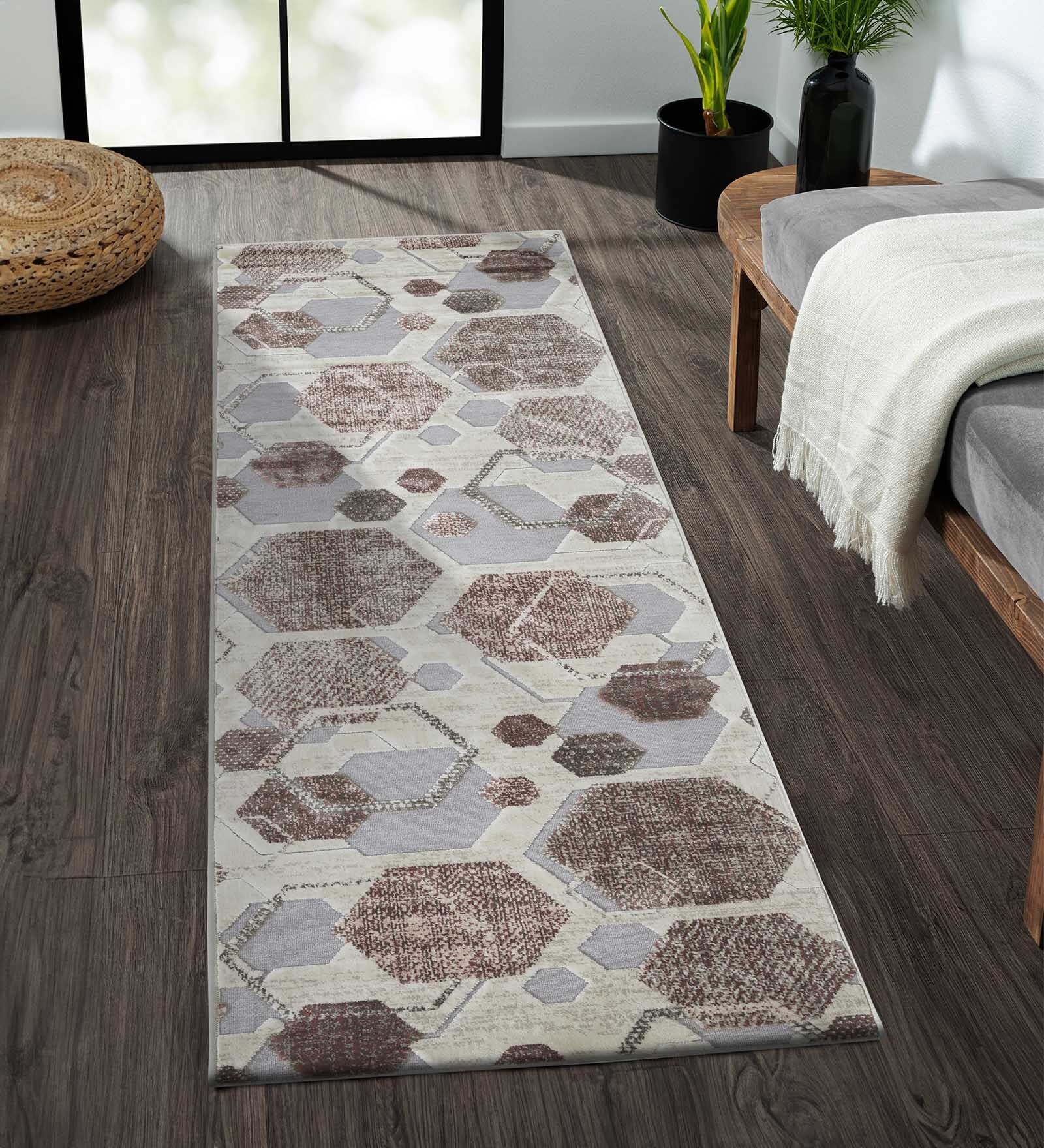 Brown and Grey Geometric 2x3 Feet Machine Made Runner