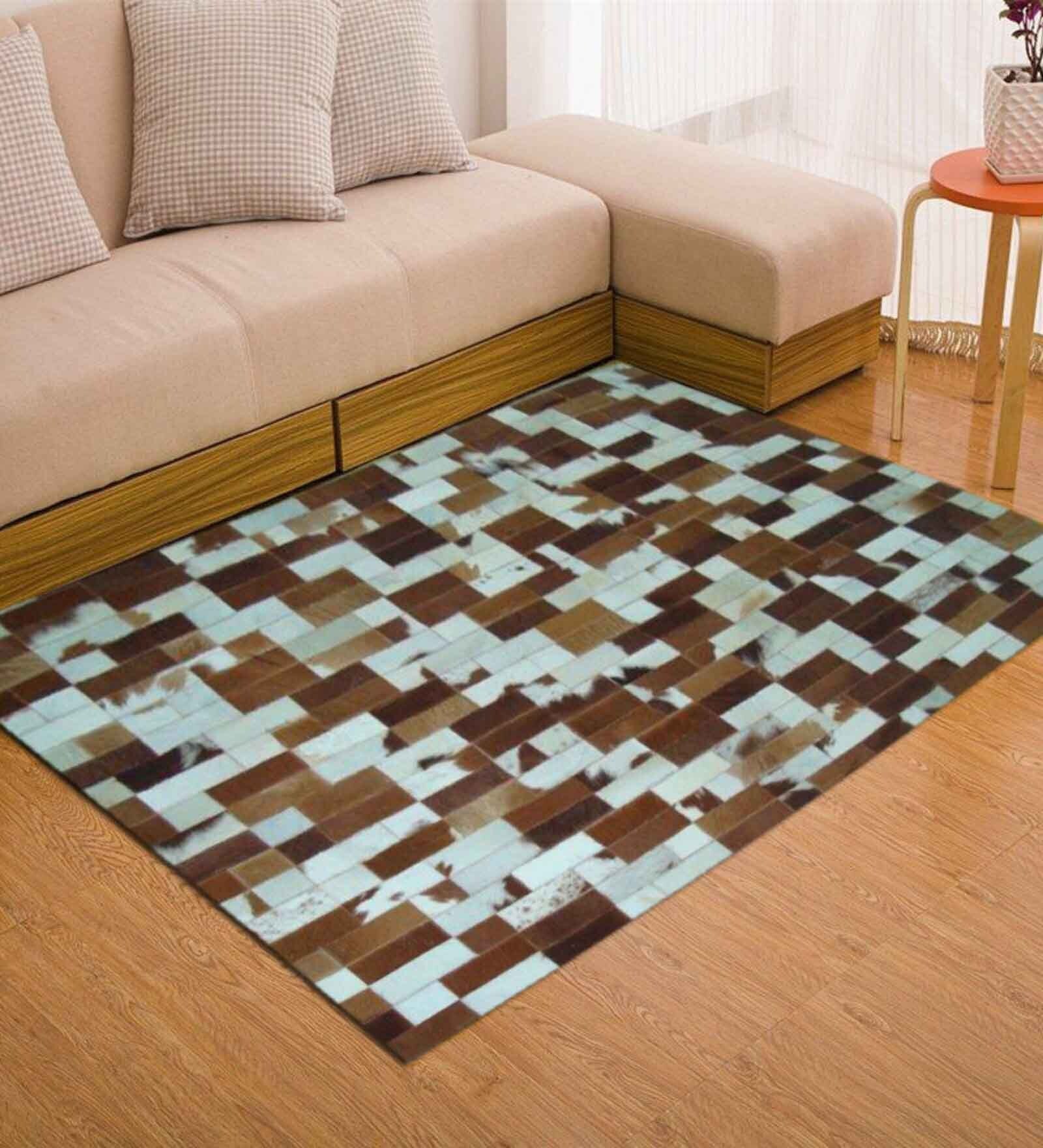 Brown and Ivory Hair On Leather Abstract Hand Woven 5ftX7ft Carpet