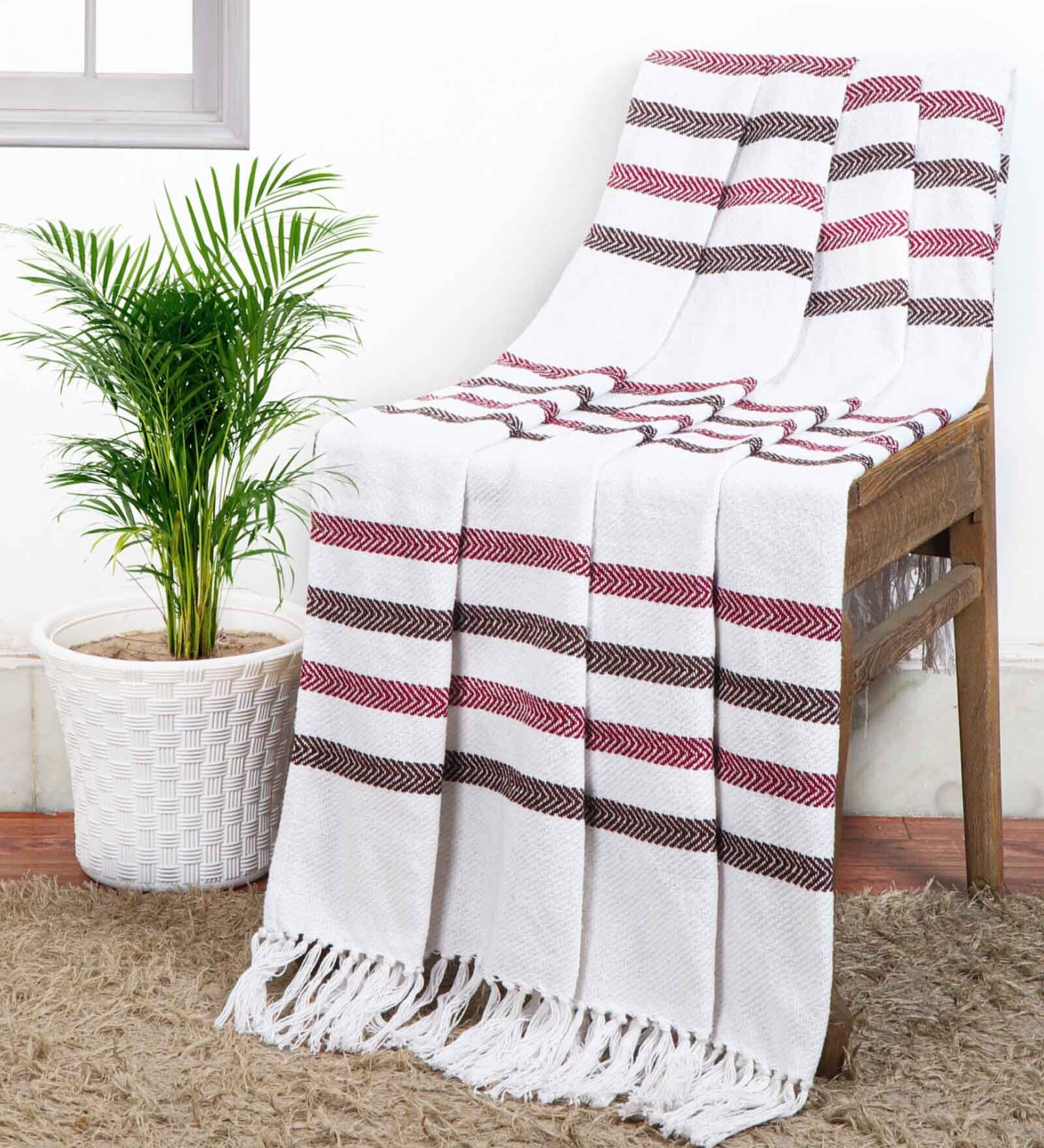 Brown And Maroon Cotton And Chenille Stripped 49X60 Inches Throw