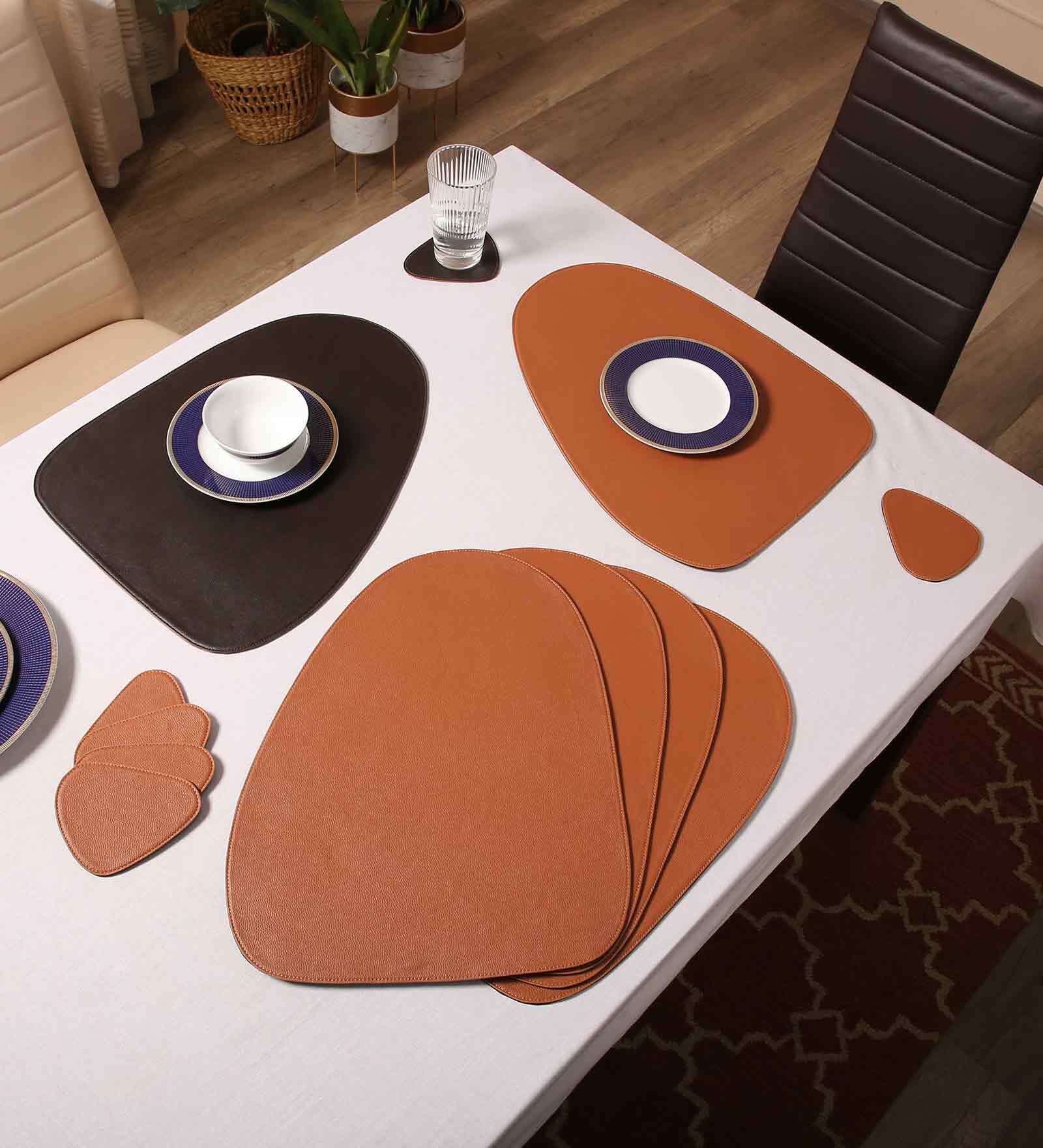 Brown and Tan Brown PU Leather Solid Reversible 18.5x14.5 Inches Placemats With Coasters (Set of 6)